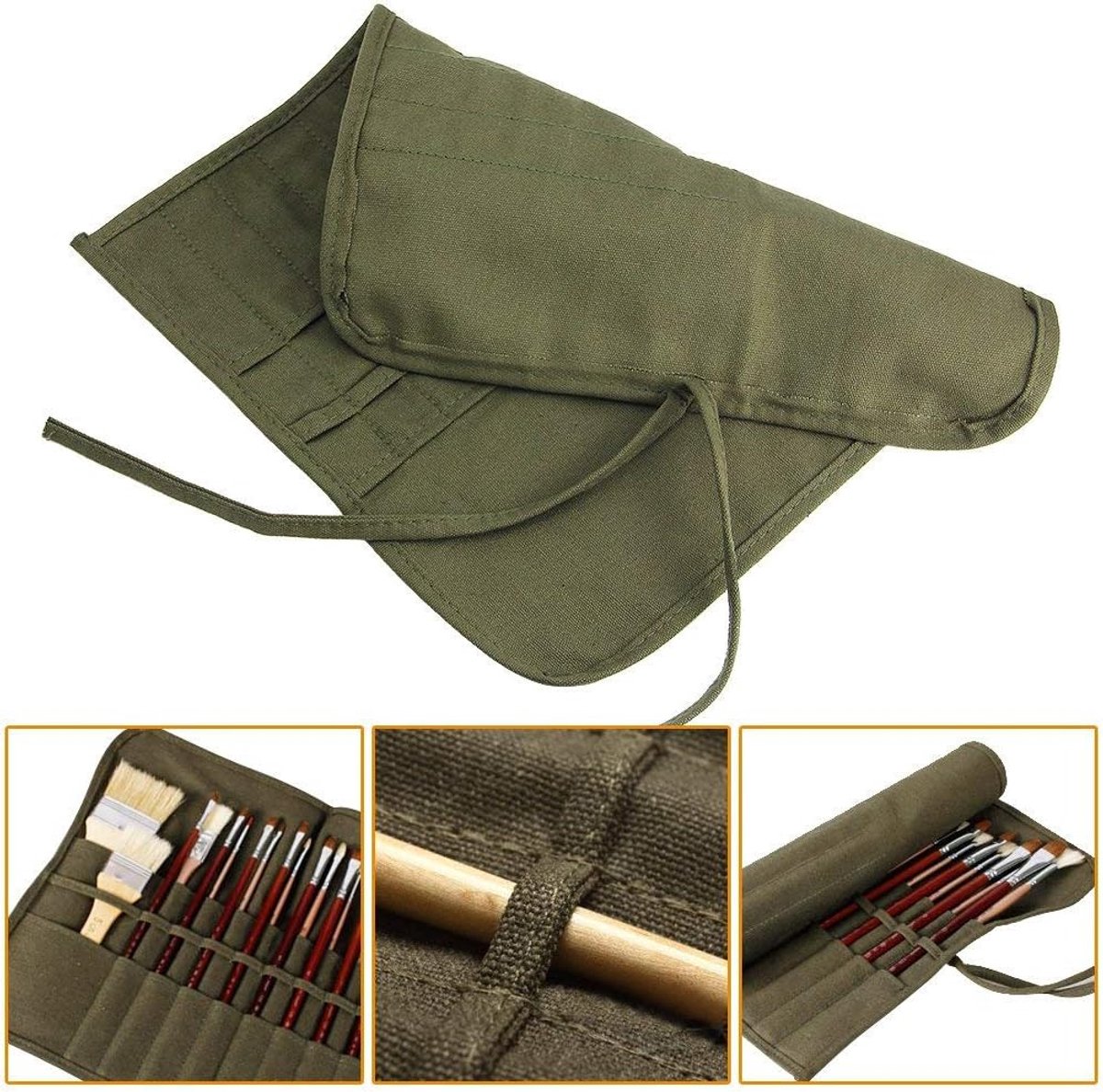 Roll-Up Canvas Brush Case - Brush Holder - Canvas - 22 Slots - Brush Bag - Brush Holder - Pencil Case - Paint Brush Holder - Portable - Roll-Up - Brush Not Included - Suitable for Various Painting Tools - 40.5*33cm - Vegetable - Image 5