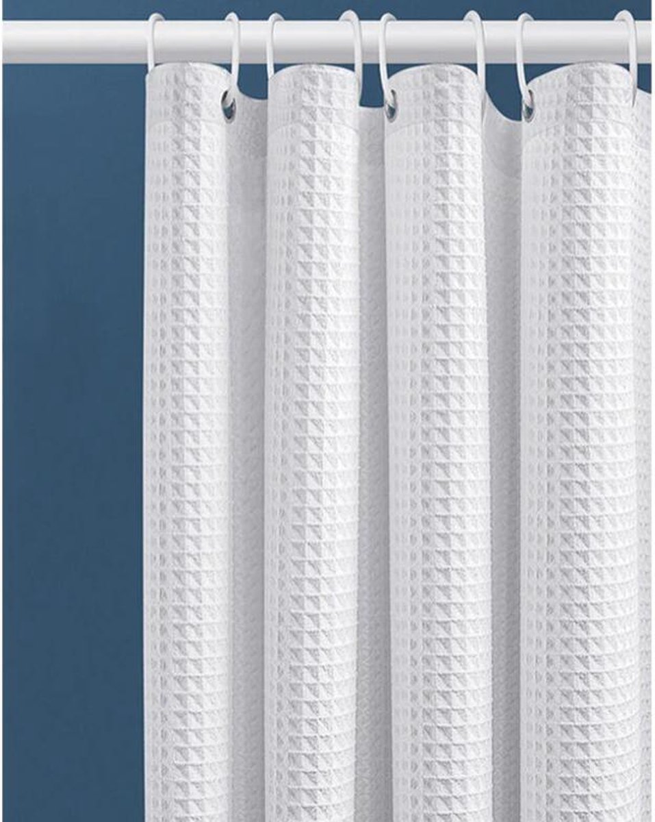Waffle shower curtain - 80x180CM - White - With 6 plastic hooks - For bathroom and toilet - White - Anti-mold - Polyester - Cube Design - Shower curtain - Image 1