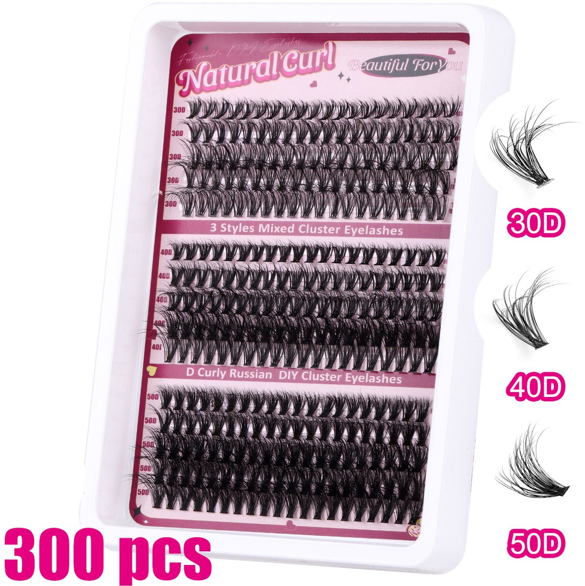 False eyelashes - 300 pieces - 30D + 40D + 50D - 10-18 mm D curl - Pre-Made Volume Fans - Pre-Made Fans - Eyelash extensions - Cluster - Lashes - Natural - Pieces of lashes - DIY lashes - Image 1