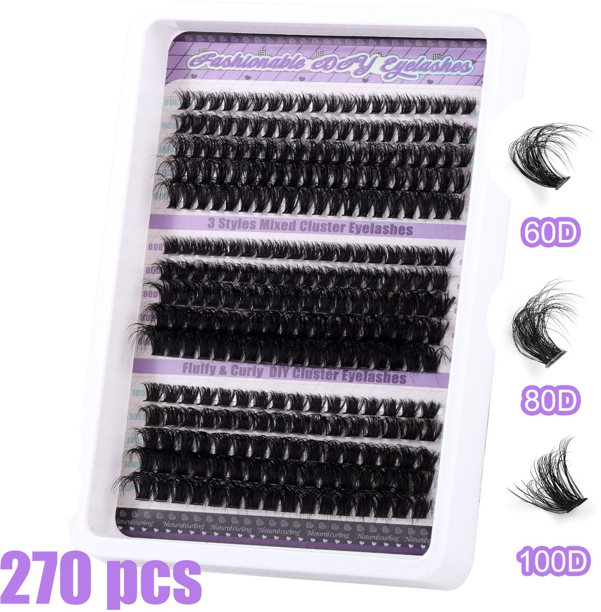 False eyelashes - 270 pieces - 60D + 80D + 100D - 10-18 mm D curl - Pre-Made Volume Fans - Pre-Made Fans - Eyelash extensions - Cluster - Lashes - Natural - Pieces of lashes - DIY lashes - Image 1