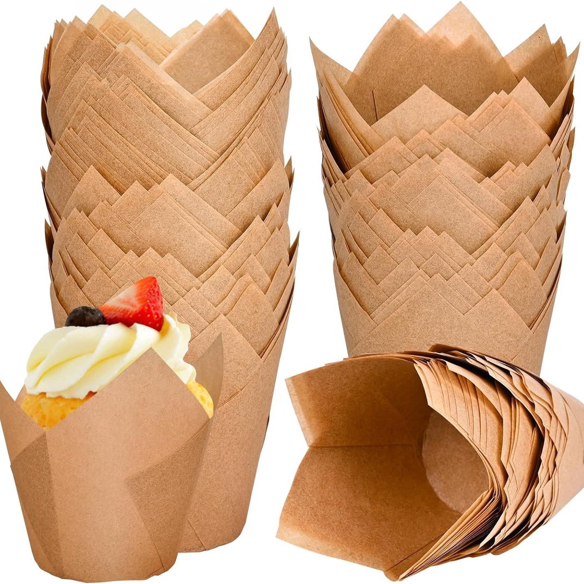 Set of 120 Paper Muffin Cups - Tulip Design - Food Grade Baking Paper - Non-Stick - High Temperature Resistant - For Wedding, Kids Birthday Party Supplies - Image 1