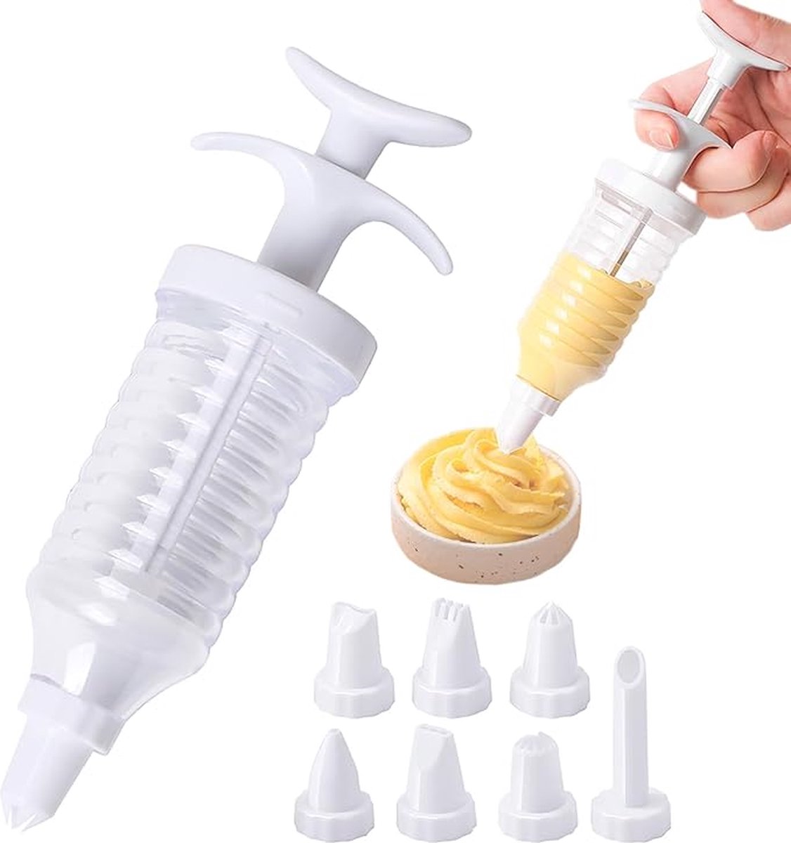 Set of 9 pieces - Piping tips - Garnishing syringe - with 8 piping tips - Whipped cream syringe - cupcake - decoration set - cake - decoration - Reusable - plastic - 15.6*6.4cm - white - Image 1
