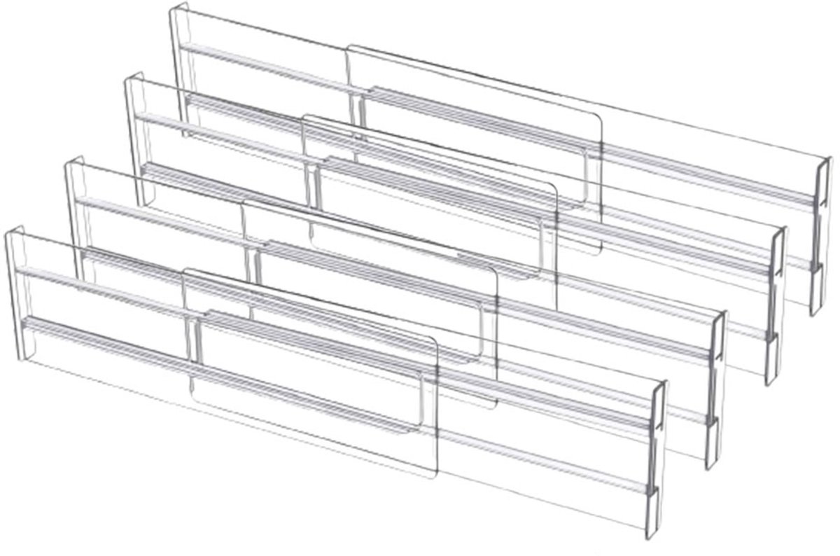 Drawer divider - 4 pieces - Drawer divider - Drawer organizer - Tools - Adjustable/extendable (27.5-52 cm) - For Clothes/Kitchen/Bathroom/Wardrobe - Transparent - Plastic - Image 1