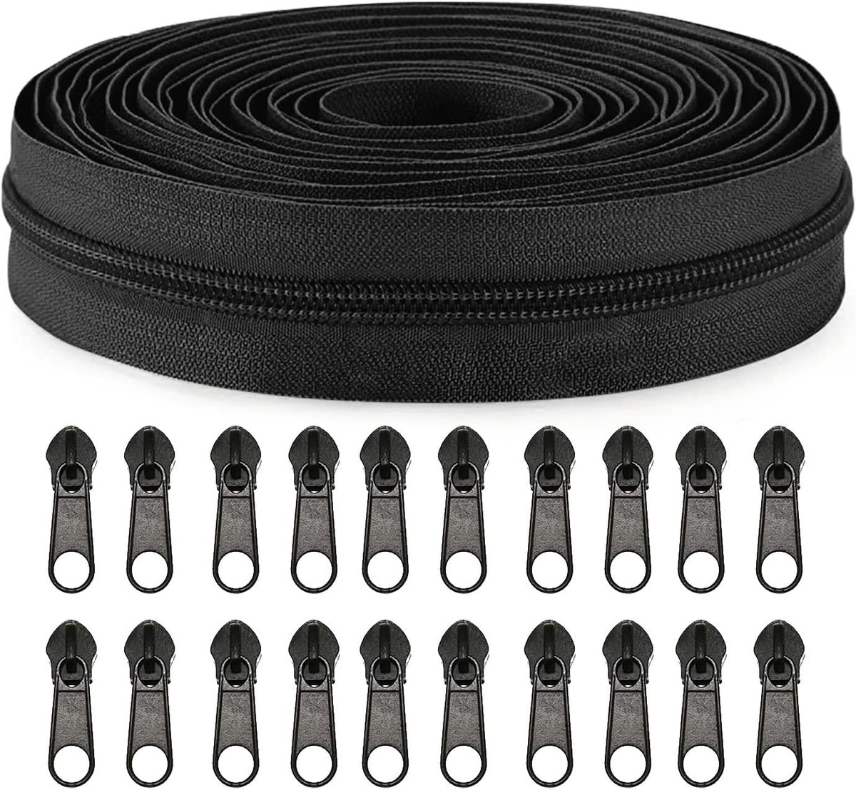 Zippers - 1 Roll - Zipper - Includes 20 Replacement Zippers - Nylon - Metal - Replacement Zipper Set - Zipper Closure Repair Kit - Suitable for Bags, Clothing and Bedding - 10m*2.7cm - Black - Image 1