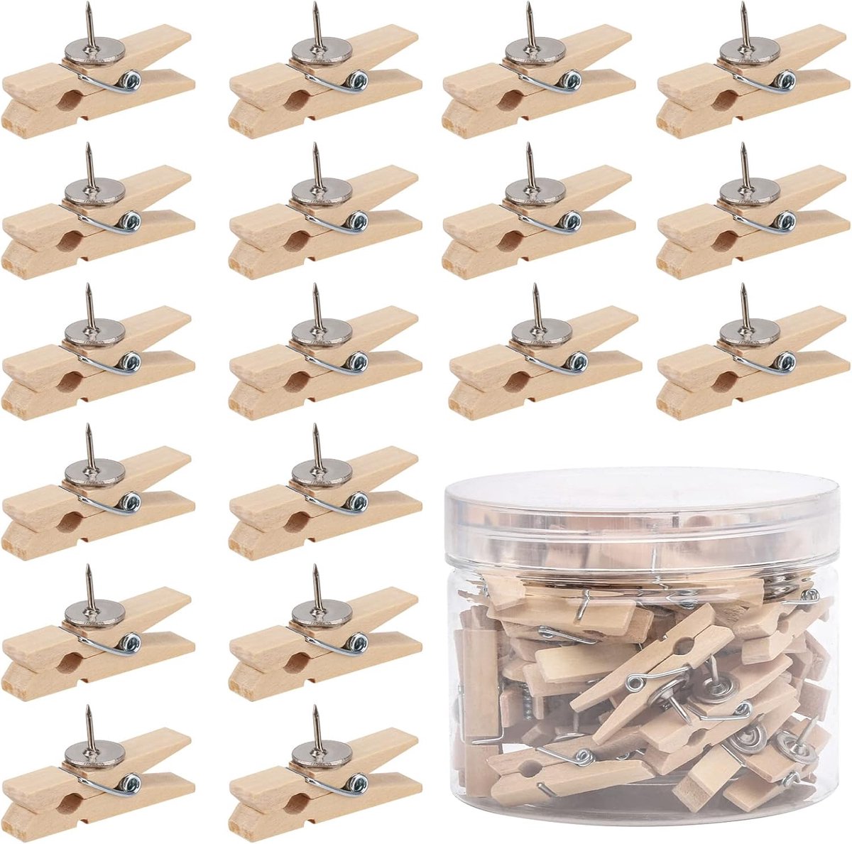Pin Board Pins - 50 Pieces - Wooden Clip Pushpins - Pin Board Pins - Pushpins - For Memos & Photos - Wall & Wall Decoration - Suitable for Cork Board Art, Pin Boards, Craft Projects & Photography Supplies - 3.5*0.7cm - Light Brown - Image 1