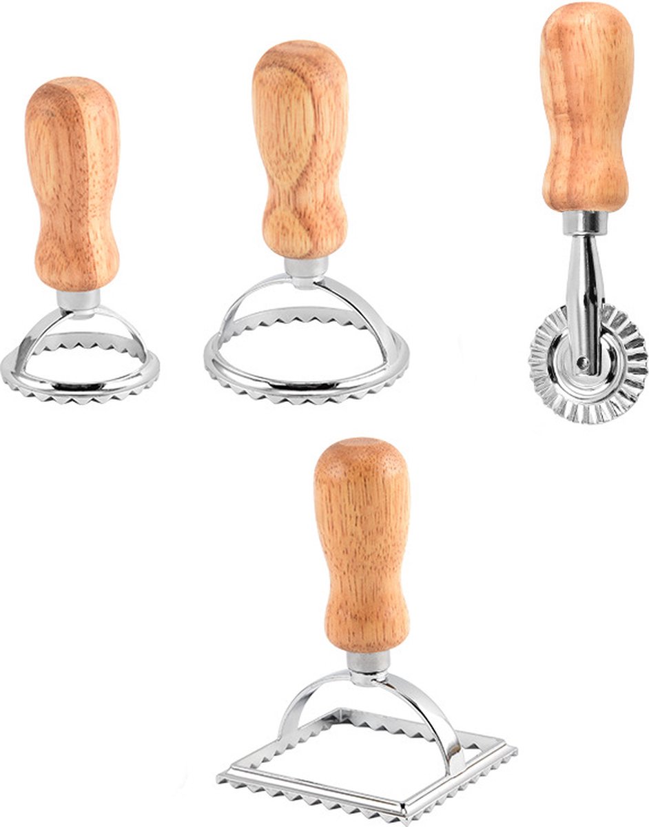 Set of 4 ravioli cutters - Ravioli makers with wooden handle - Set of 3 shape cutters and 1 pasta wheel for cutting homemade ravioli - Image 1