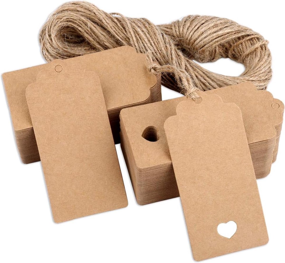 100x Kraft Cardboard Labels - With 100 Jute Rope - Gift Tags - 9.5 x 4.5 CM - Heart - Writable - Cardboard Gift Labels - Kraft Paper Name Tags - Blank Price Tags - Gift Tags - Multifunctional Label - Thick & Sturdy - Image 1
