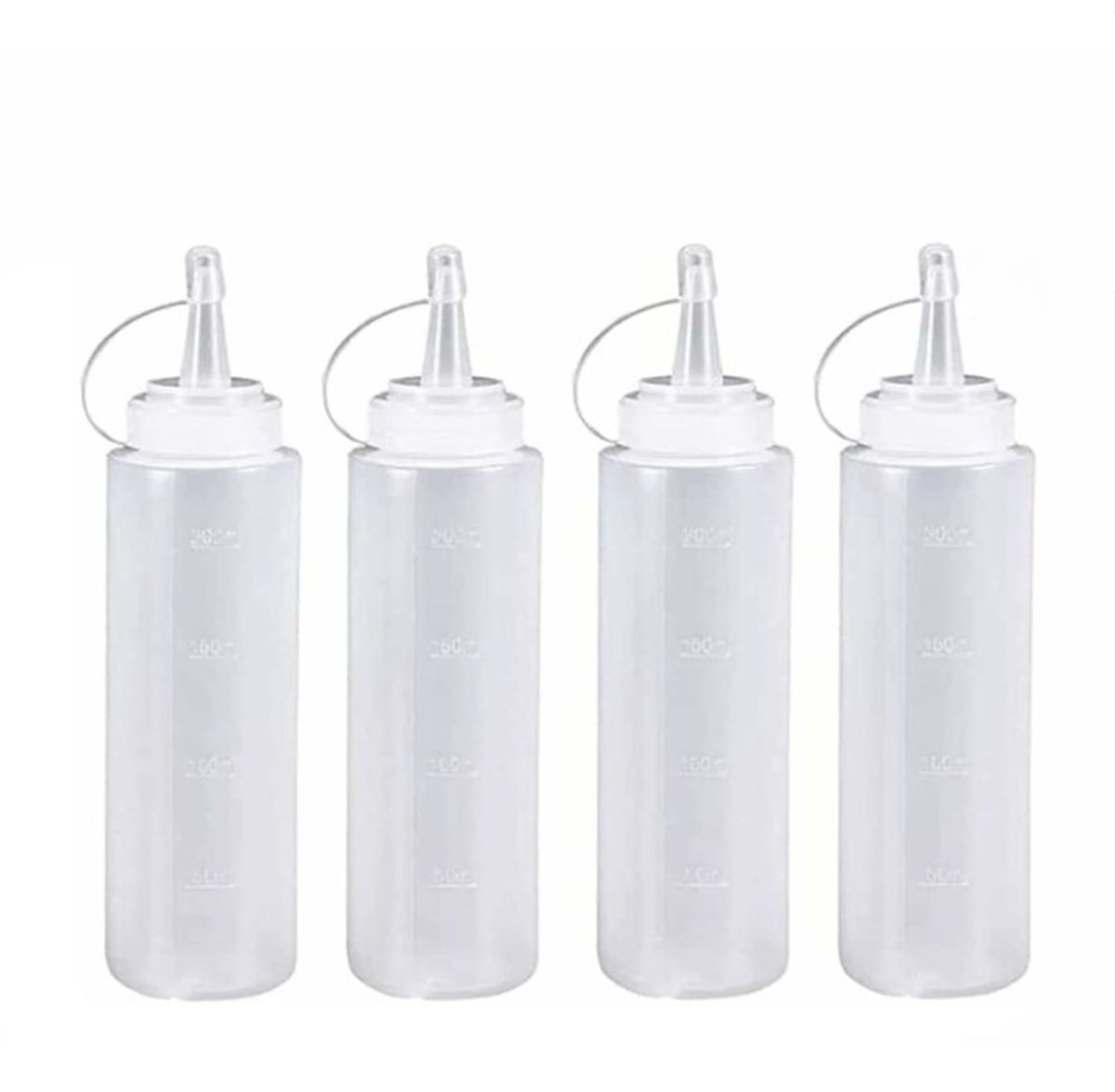 4 pieces - 200 ml - Dosing bottle - Squeeze bottle - Sauce bottle - Garnish bottle - Plastic - White - with spout cap - Leak-proof lids - With check marks - For garnish, sauce or batter - Image 1