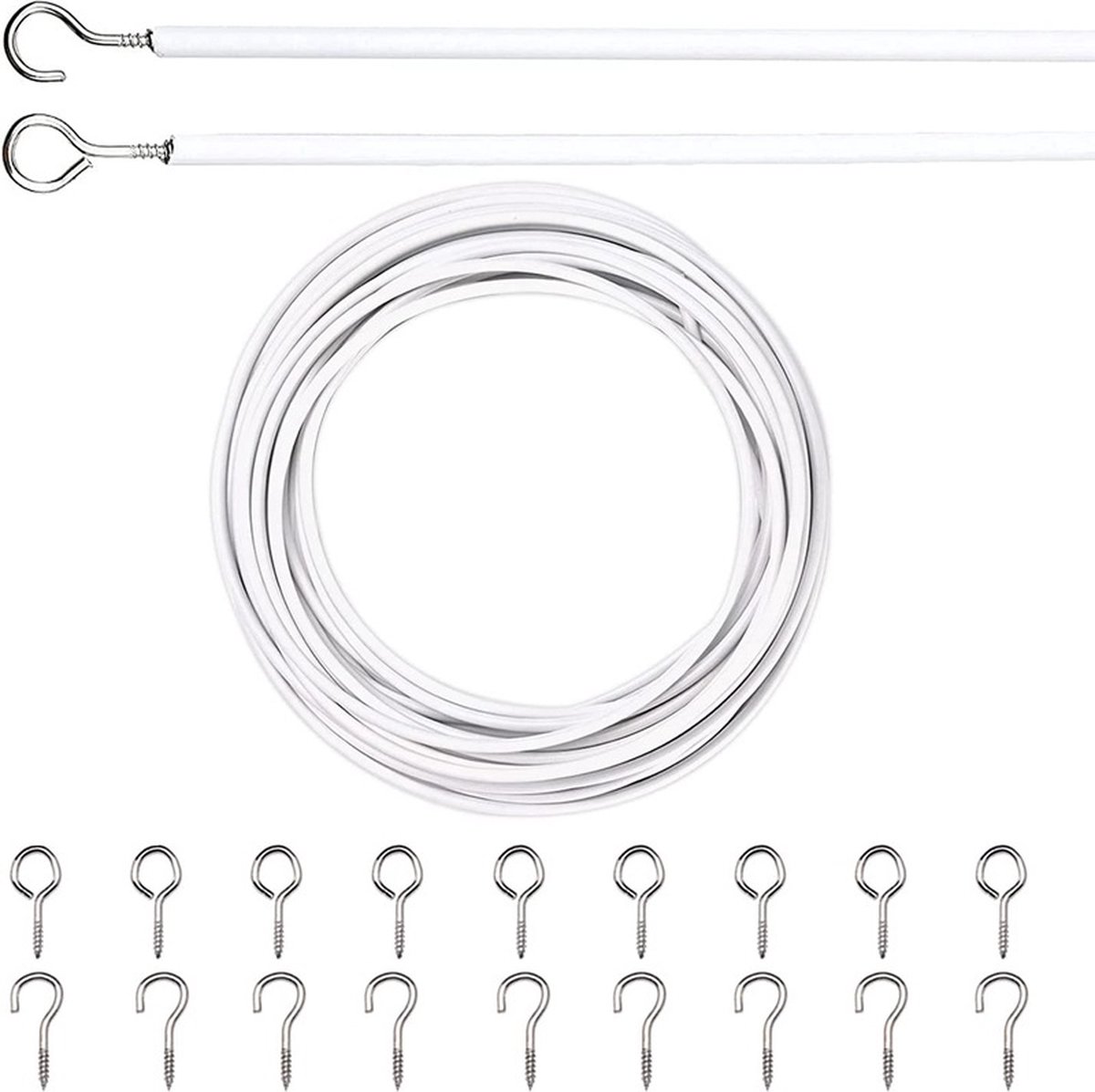 Curtain spiral wire - 10M - Curtain cable - with screw eyes and hooks - 25 sheep eye circles and 25 question mark nails - Spiral wire set - curtain cable line for clothing - Tension spring - white - Metal - for curtain rods, curtains, shower curtains - Image 1