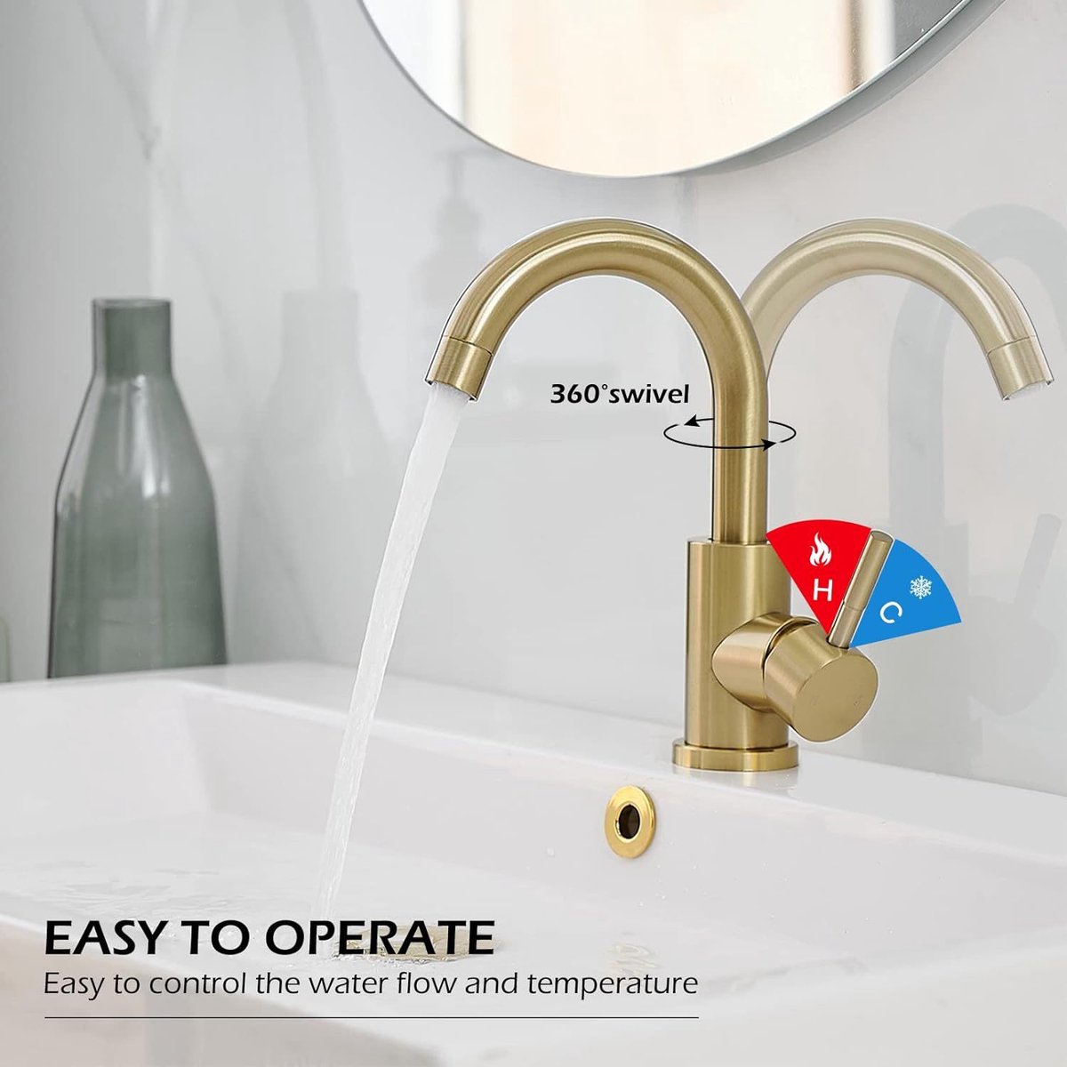 Faucet - Kitchen Faucet - Sink Faucet - 360° Rotatable Mixer Tap - Stainless Steel - Gold - with Cover Plate - for 1-3 Hole Installation - Image 3