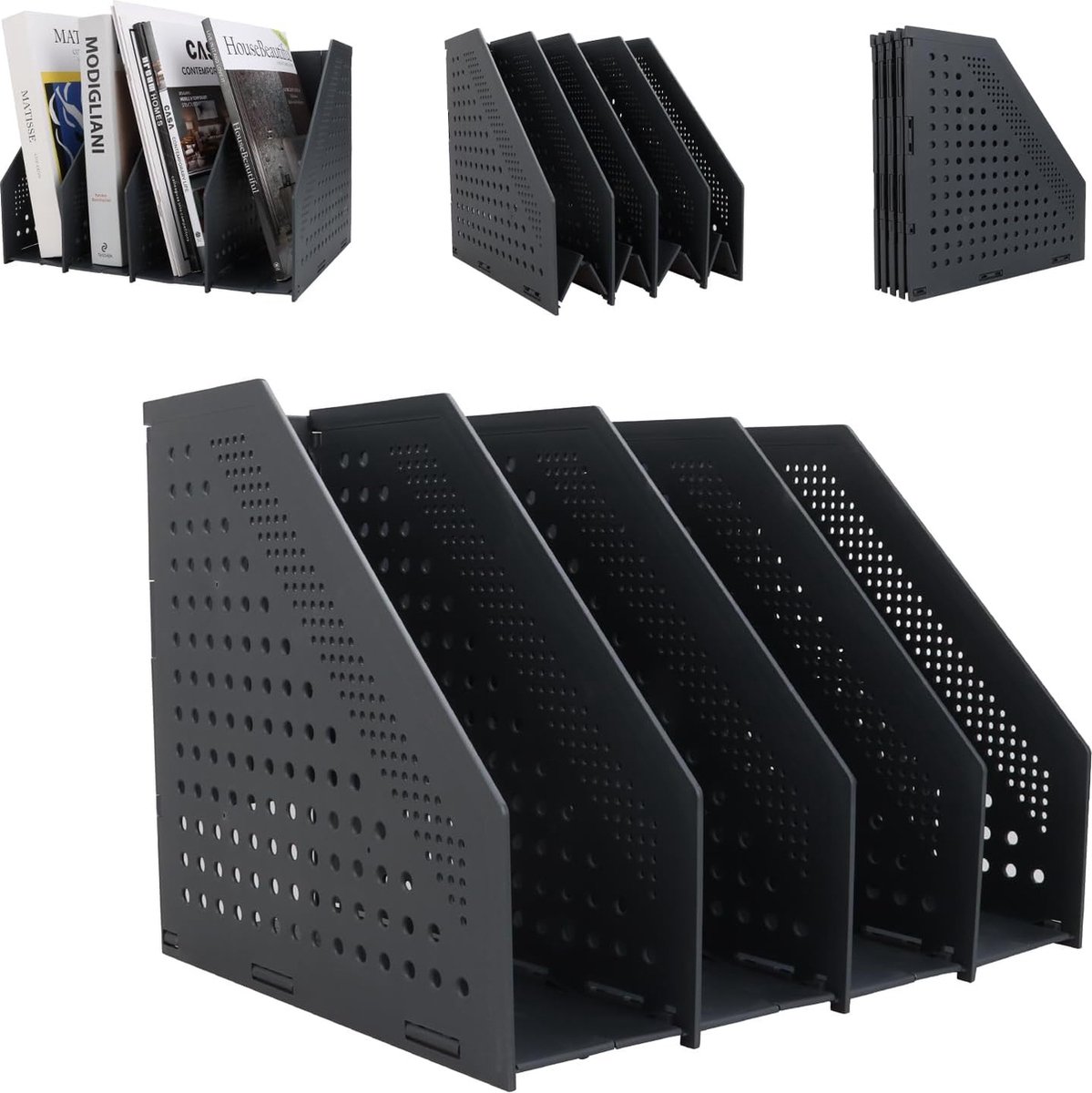 Magazine cassette - 4 compartments - A4 format - desk organizer - Magazine holder - Magazine rack - Newspaper holder - Magazine rack - Magazine holder - Magazine rack - 330 x 255 x 243 mm - Dark gray - foldable - plastic - Image 1