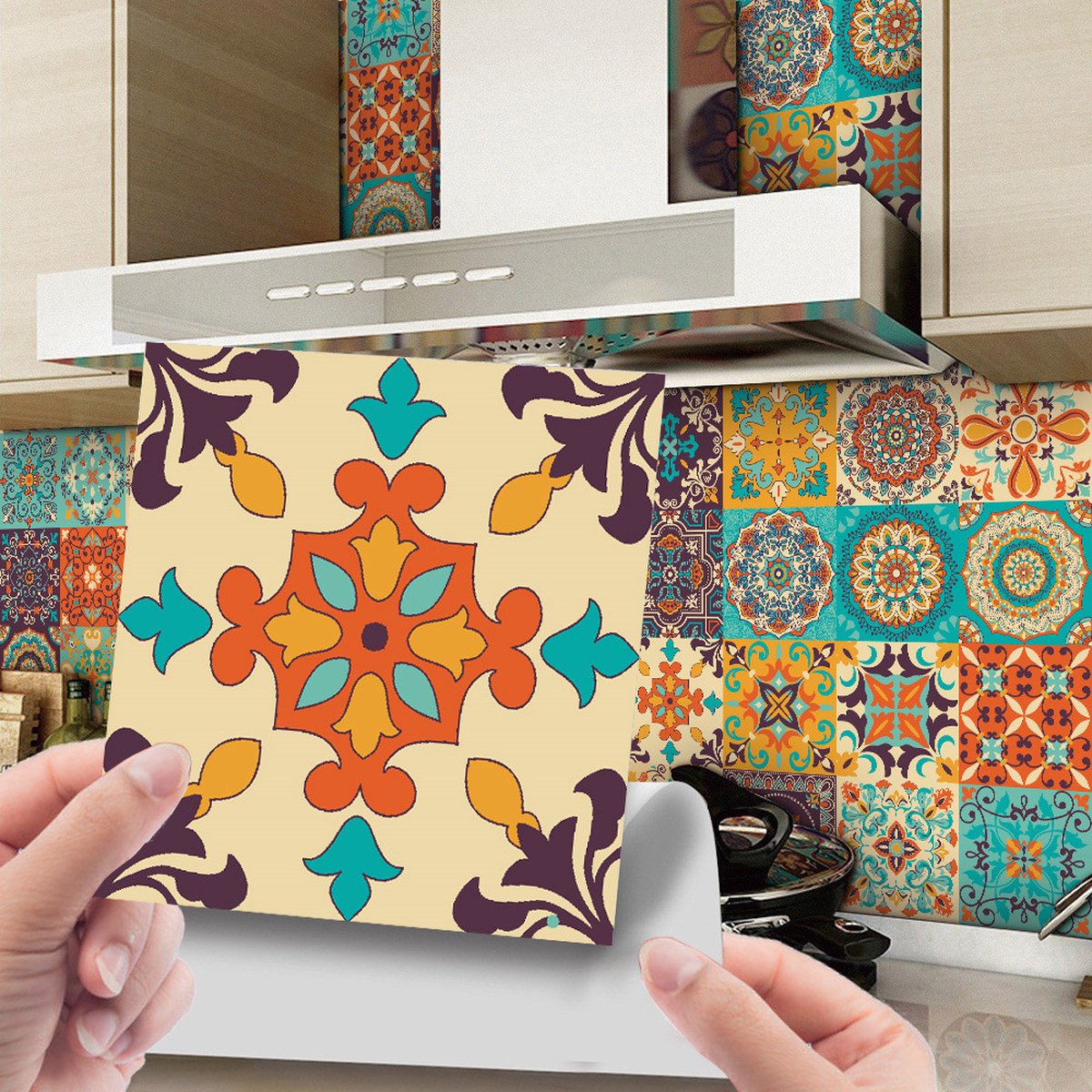 24 pieces - Self-adhesive adhesive foil tile stickers - Decorative sticker tiles - Self-adhesive tiles - Sticktiles - Bathroom - Kitchen - 15x15 cm - Retro Mandala - PVC - Colorful - Image 1
