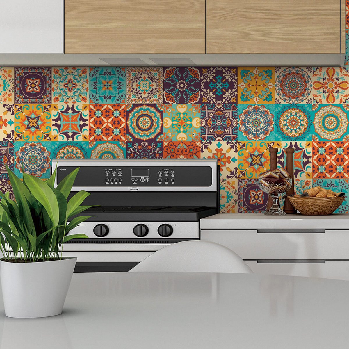 24 pieces - Self-adhesive adhesive foil tile stickers - Decorative sticker tiles - Self-adhesive tiles - Sticktiles - Bathroom - Kitchen - 15x15 cm - Retro Mandala - PVC - Colorful - Image 5
