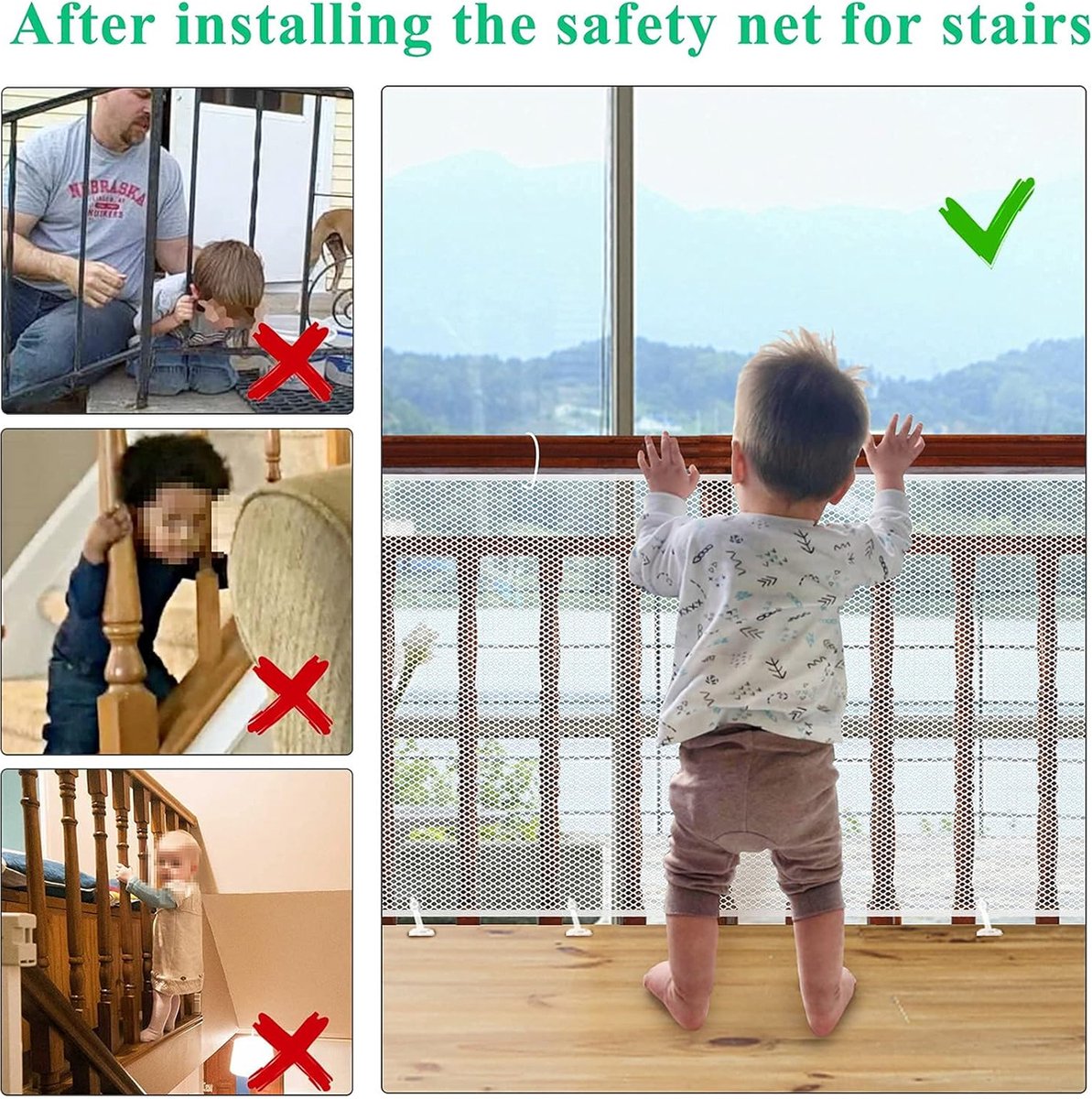 Child safety net - Safety gate - 300x79 cm - stair mesh - Safety net - white - Roll-up - Baby safety - Adjustable - for stair railings, balcony beds, railings - Image 3