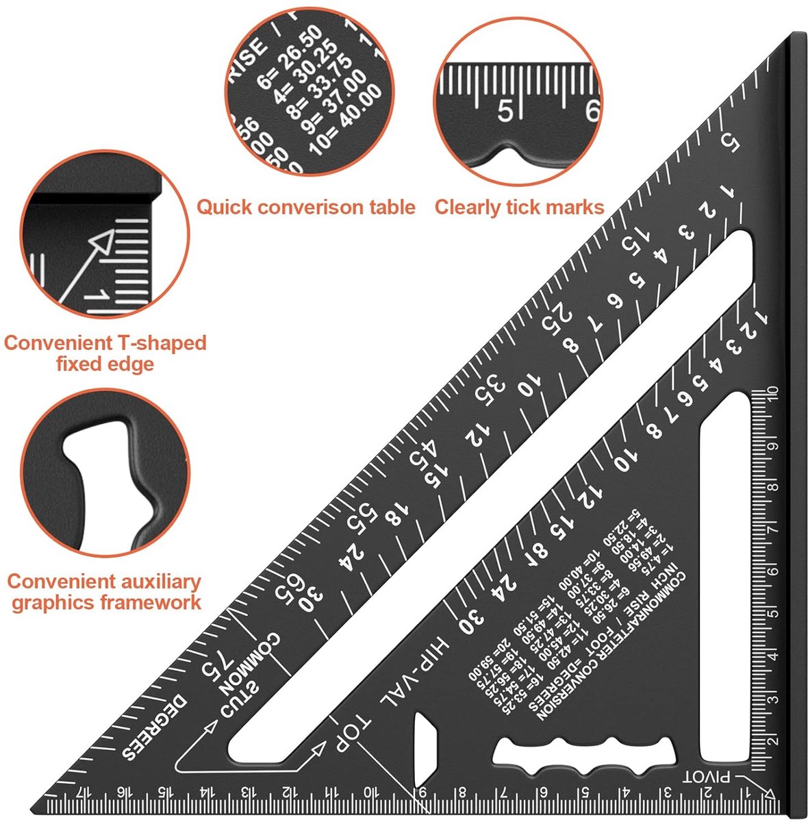 180mm Carpenter's Angle - Aluminum Ruler - Triangular Carpenter's Angle 45/90 Degrees - Carpenter's Square - High Precision Measuring Tool - For Carpenter, Roofer, Engineer - Black - Image 3