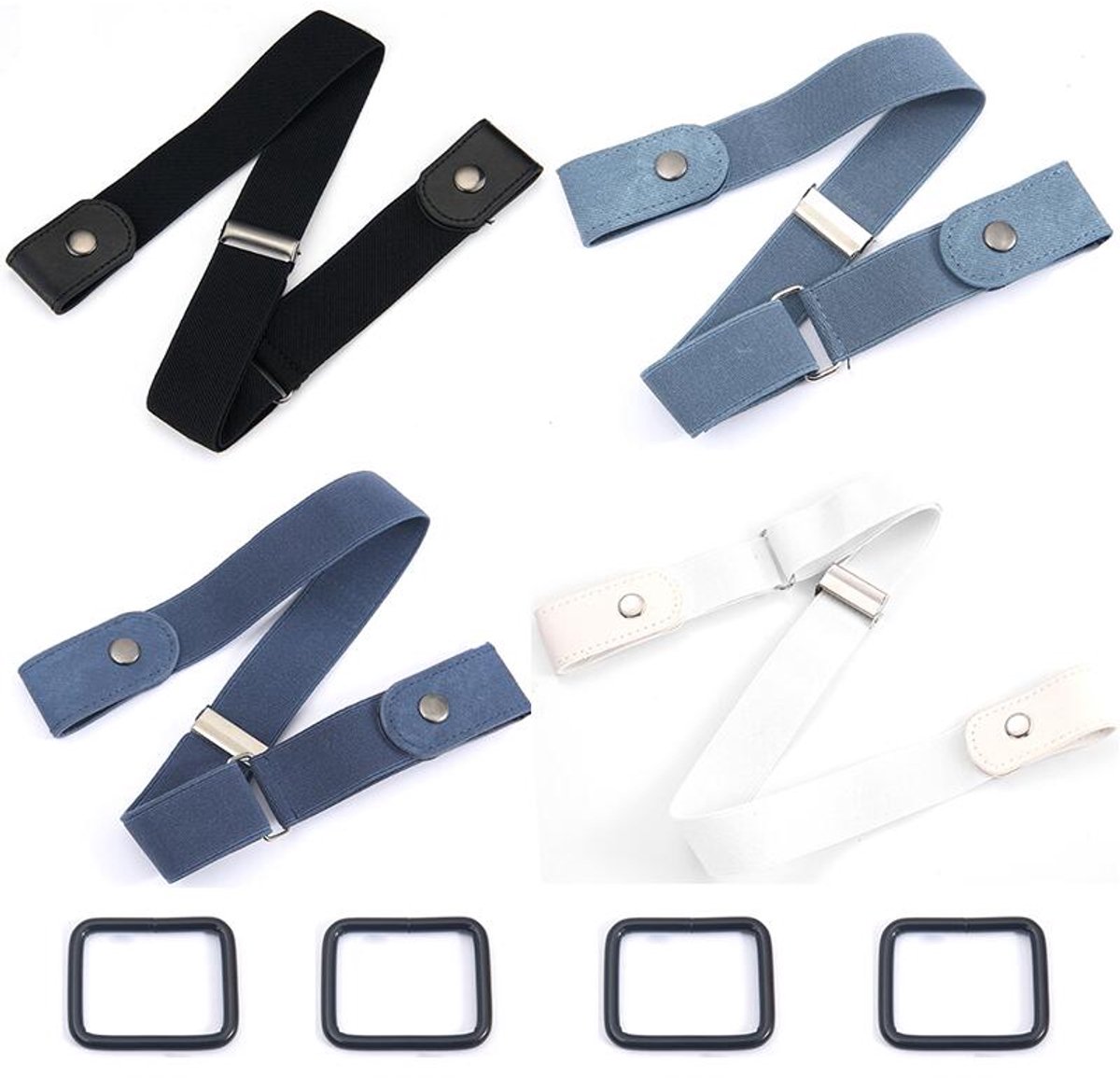 Buckle-Free Belt - 4 Pieces - Elastic Belt Without Buckle - PU - Buckle-Free & Elastic Belt for Women & Men - Buckle-Free Belt - Belt Without Holes - Suitable for Pants and Skirts - 3cm Wide - Black/White/Light Blue/Dark Blue - Image 1