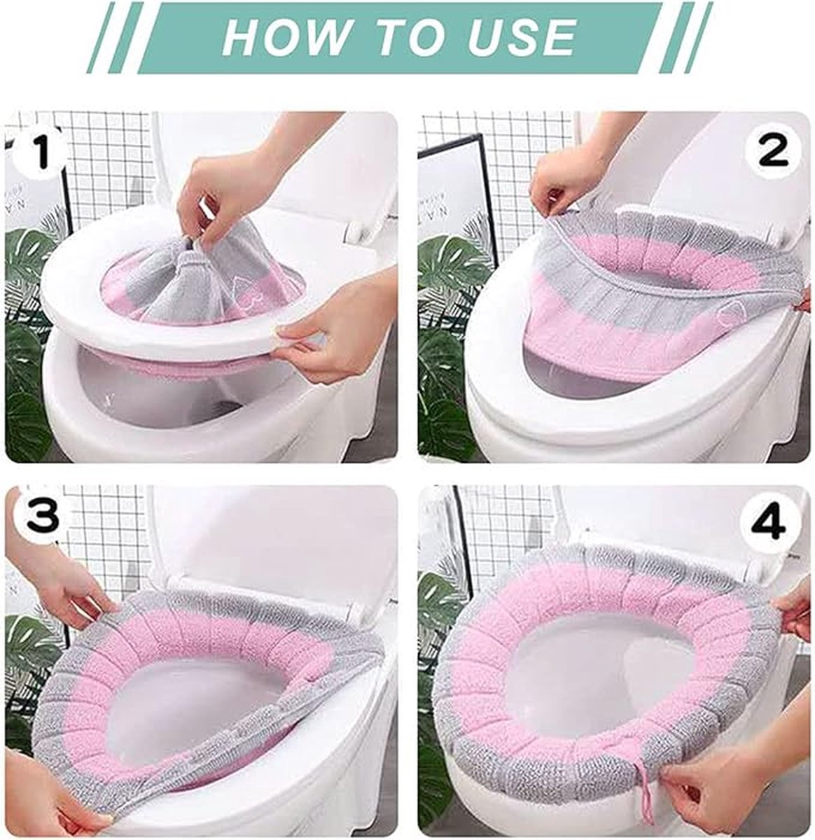 4 Pieces - Toilet Seat Cover - Universal Toilet Seat Cover - Toilet Seat Cover - Seat Cover - Polyester - Beige, Pink, Green, Blue - 35*35cm - Image 2