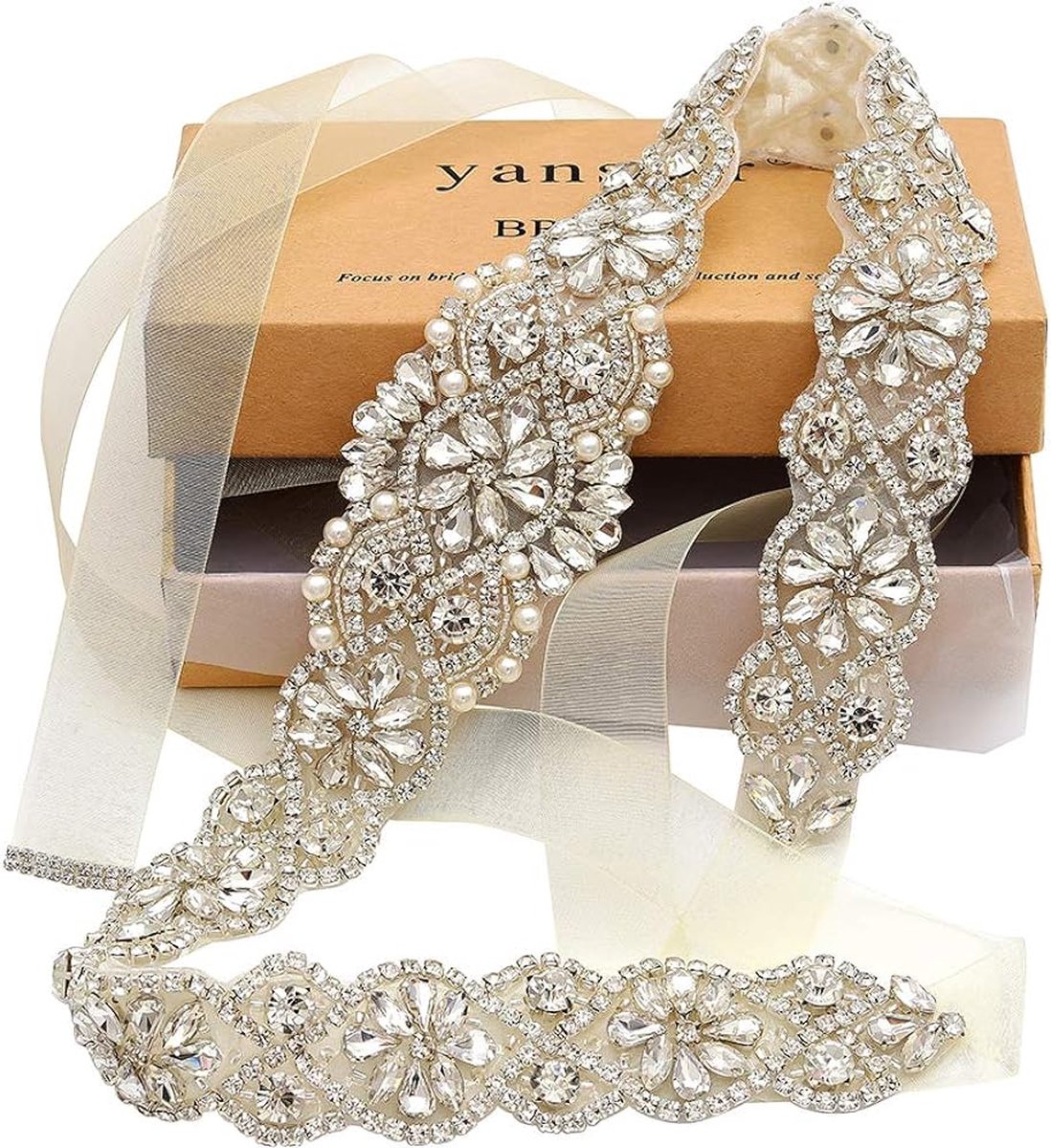 Bridal Belt Hand Rhinestone Wedding Belt Clear Crystal 55cm Long White Organza Ribbon for Wedding Dresses - Silver - Image 1