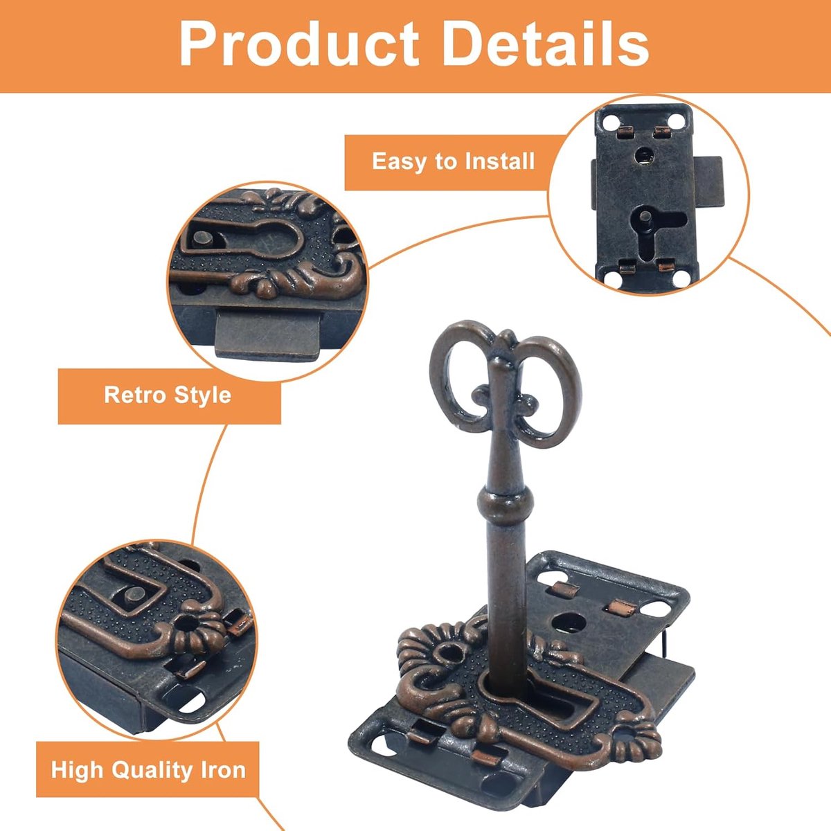 4 Pieces - Furniture Lock - Iron - 53*27 mm - Red Bronze - With Key and Screws - Furniture Locks - Safety Cabinet Lock - Drawer Lock - Lock with Key - For Furniture, Cabinet and Drawer - Image 3