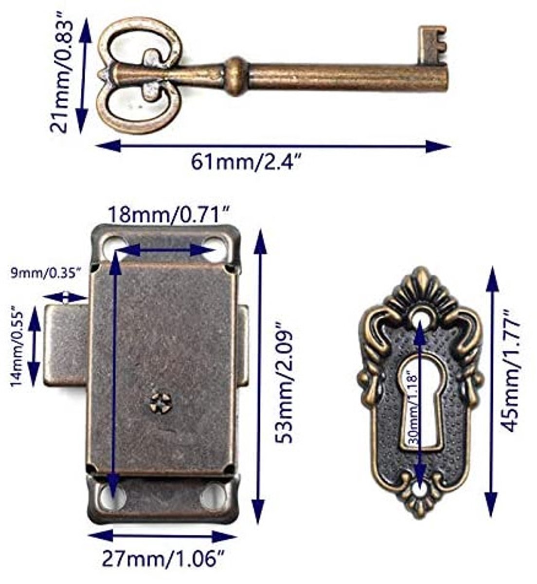 4 Pieces - Furniture Lock - Iron - 53*27 mm - Red Bronze - With Key and Screws - Furniture Locks - Safety Cabinet Lock - Drawer Lock - Lock with Key - For Furniture, Cabinet and Drawer - Image 5