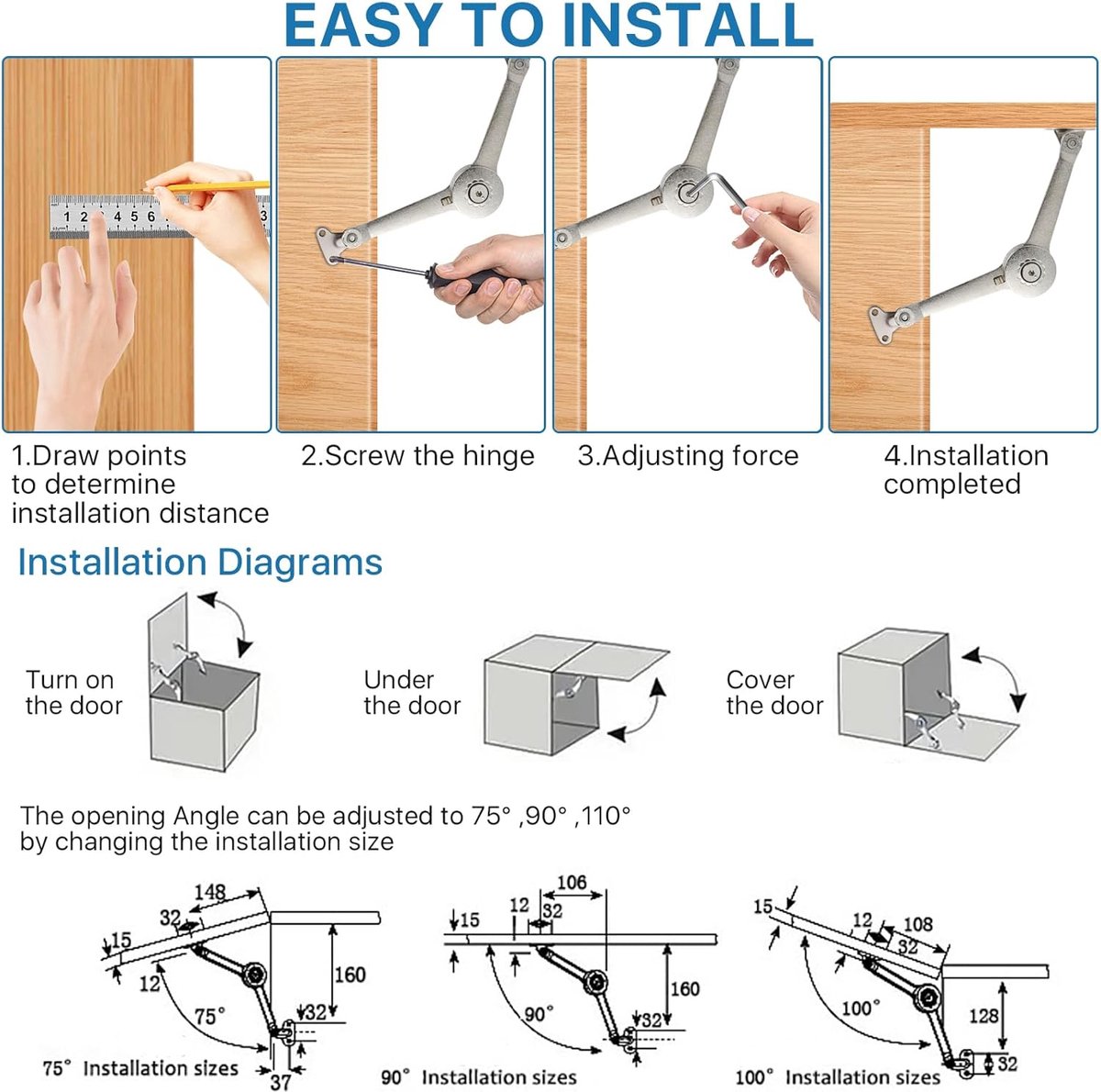 2 pieces - Flap hinge - Kitchen cabinet hinge - Furniture hinge - Overlay hinge - with brake - With screws and Allen key - zinc alloy - nickel plated - max. weight support 10kg - Image 4