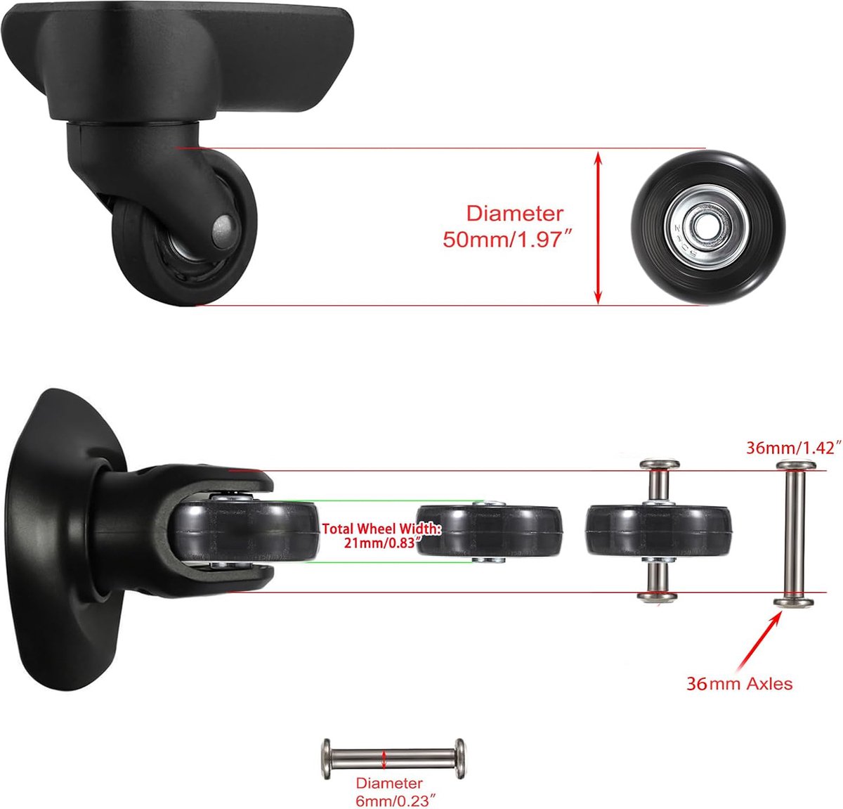 Set of 2 - Suitcase wheels - Replacement wheels for suitcases - Rubber casters - Bearings - Repair kits - 50mm x 18mm - Spare wheels - Suitcase - Casters - Luggage wheels - With screws - Wheels - Caster wheel - Suitcase wheels replacement set - Image 2