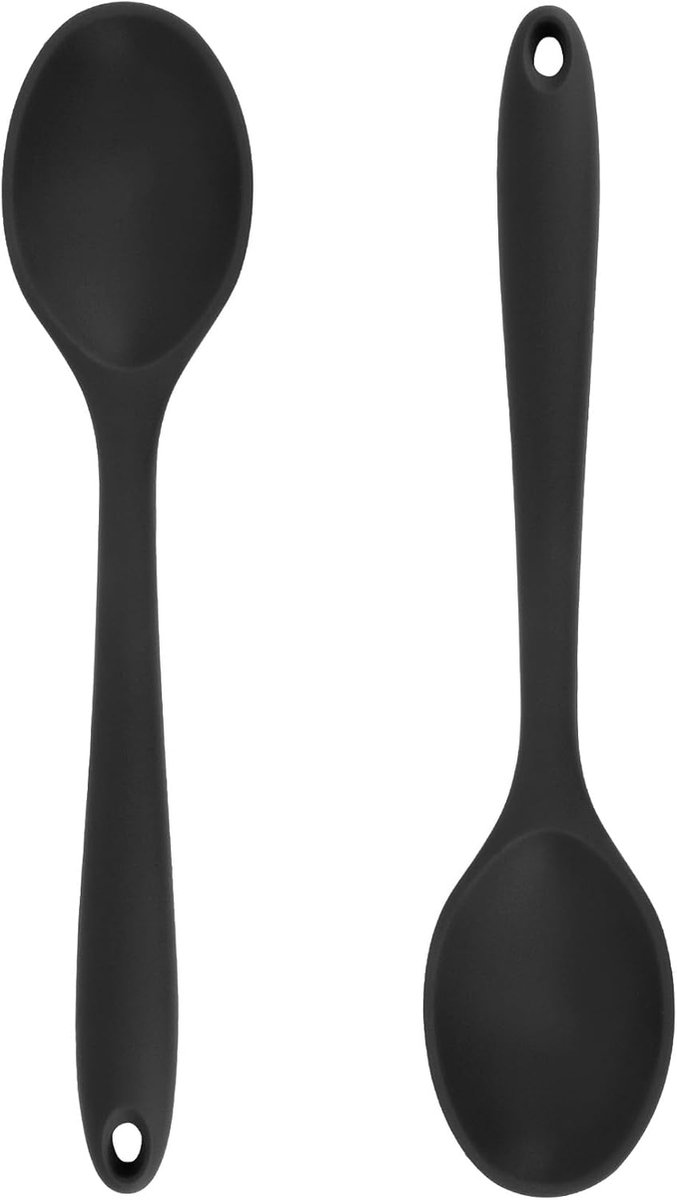 Cooking Spoon - 2 Pieces - Stirring Spoon - Silicone - Spoon - Sauce Spoon - Serving Spoon - Serving Spoon - Heat Resistant - Kitchen Tool - Non-Stick Coating - Kitchen Utensils - Suitable for Kitchens and Dining Rooms - 20.5*4.5 cm - Black - Image 1