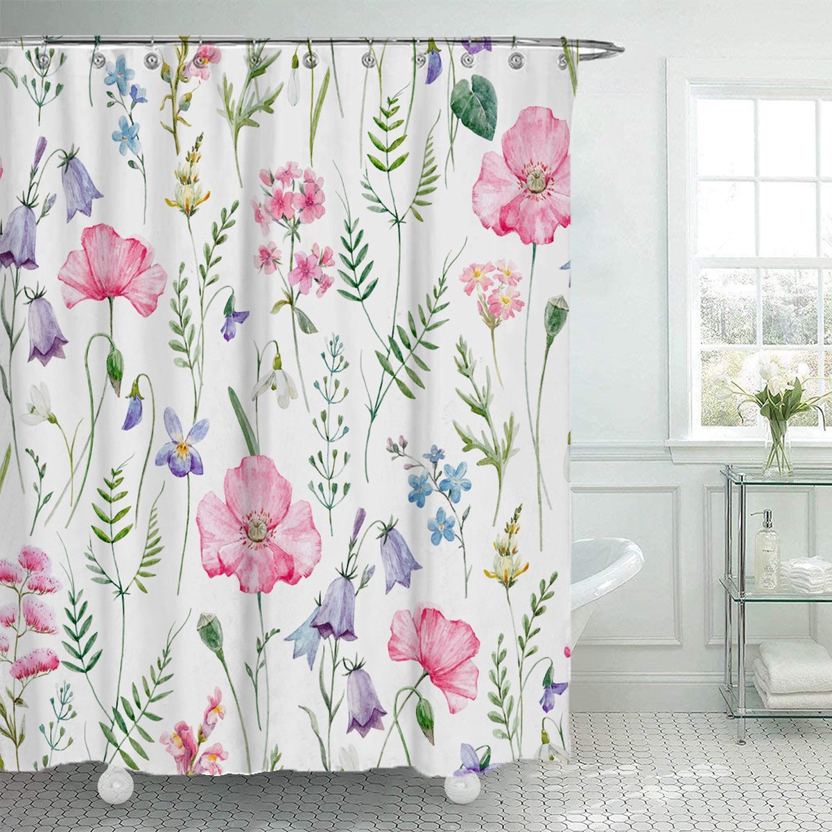 Shower curtain - 90x180cm - Watercolor Flower Plant Tropical Leaf - Polyester - Color - Printed - Anti-mold - Waterproof - Image 1