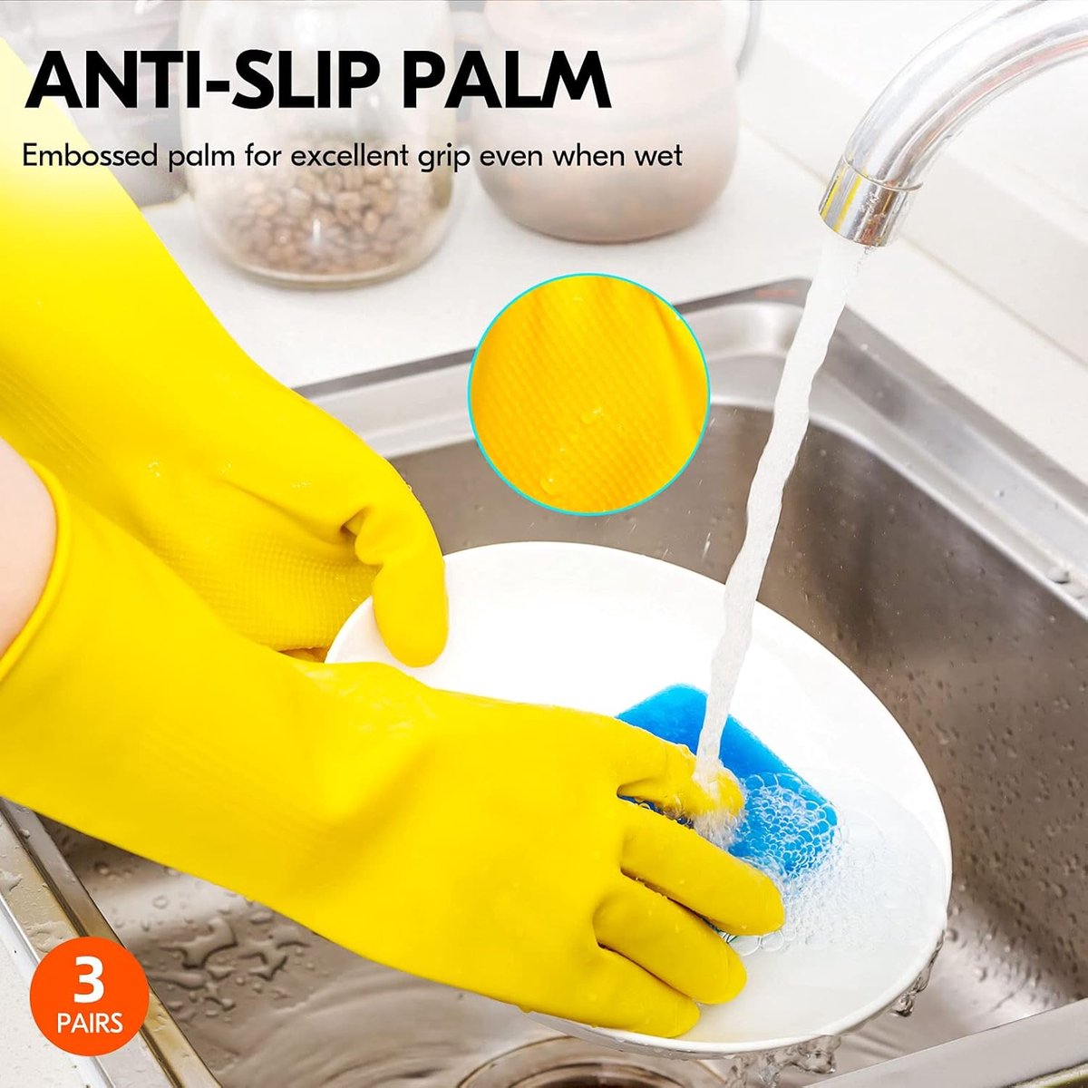 Cleaning gloves - size S - 3 pairs - waterproof rubber gloves - Household gloves - Yellow - Reusable - rubber - dishwashing gloves - Non-slip - Image 4