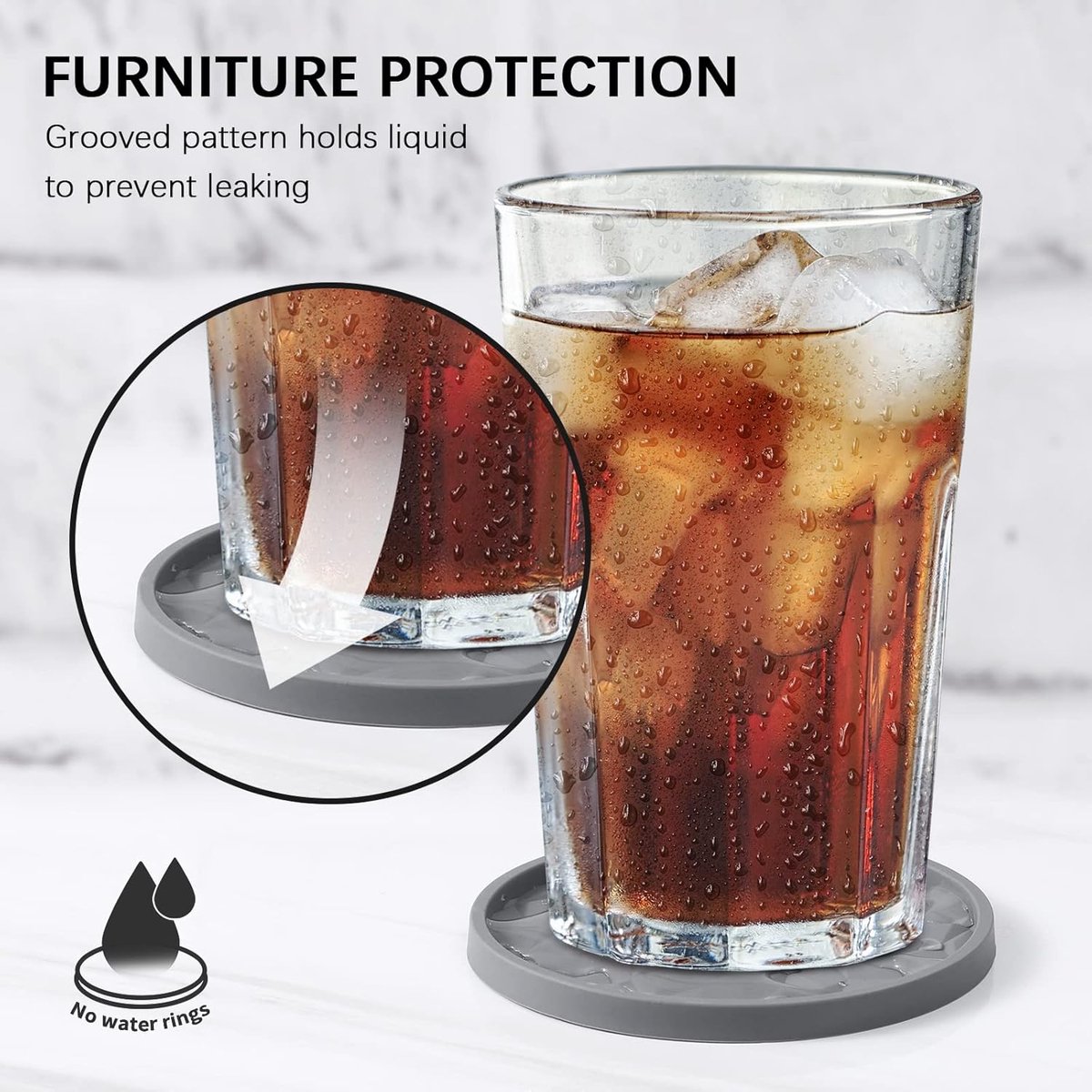 Coasters with Holder - 6 pieces - Coasters for Glasses - Glass Coasters for the Table - Coasters - Silicone - Non-slip - Black - Round - Raised edges to prevent spills - Coasters for hot or cold drinks to protect table tops - Image 3