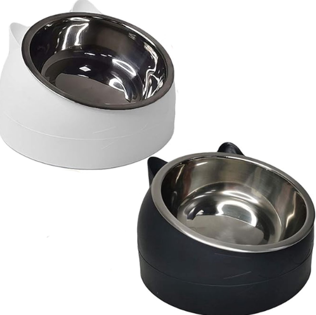 2 pieces - food bowls for cats - Dog food bowl - black, white - 200 ml - Drinking bowl for dogs and cats - Stainless steel - With cat head shape - Image 1