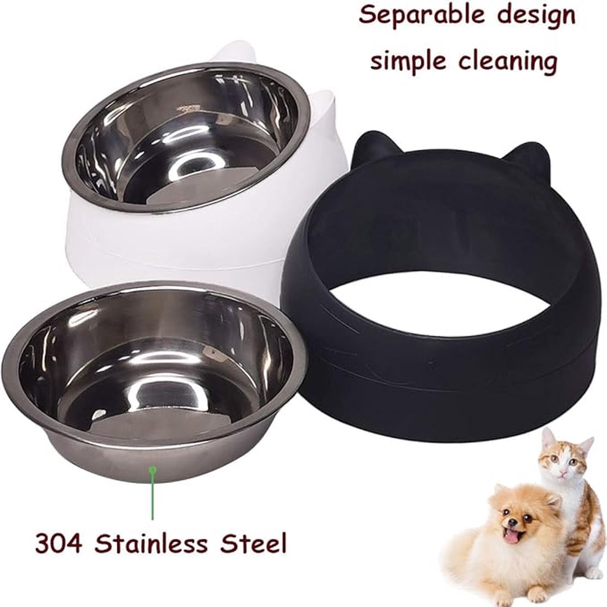 2 pieces - food bowls for cats - Dog food bowl - black, white - 200 ml - Drinking bowl for dogs and cats - Stainless steel - With cat head shape - Image 4