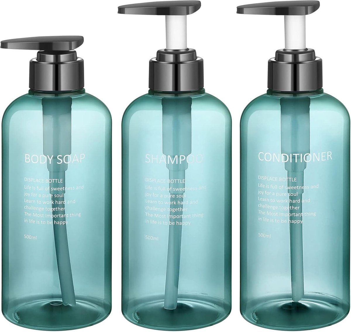 Soap dispenser - 3 pieces - Empty travel bottles - shampoo conditioner, shower gel dispenser - pump dispenser - empty bottles - 500 ml - blue - plastic - refillable - with labels - for travel and bathroom - Image 1