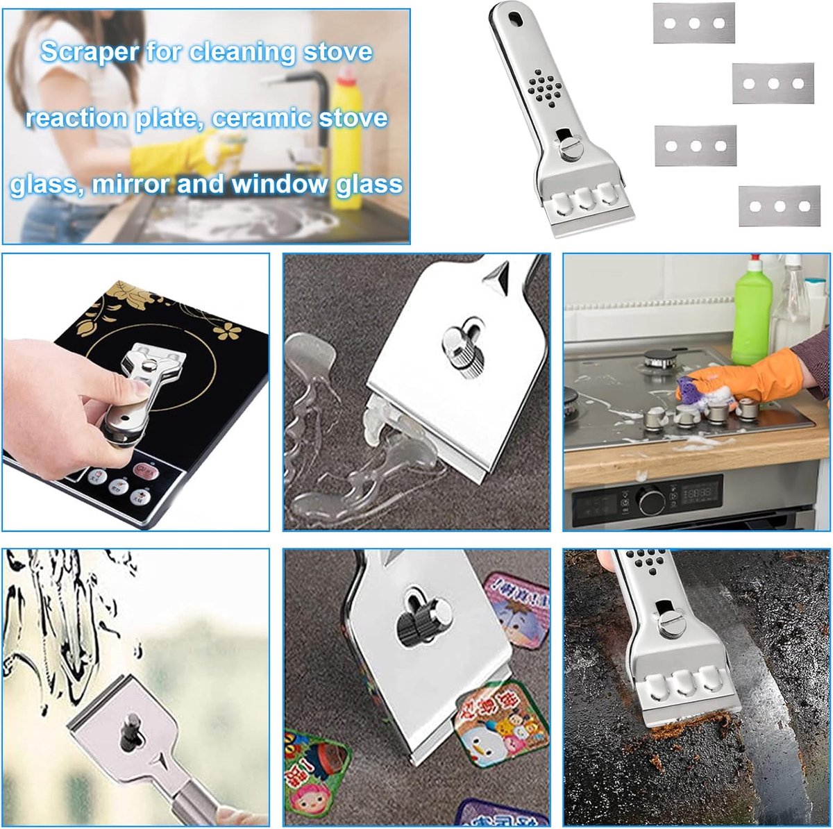 Ceramic Plate Scraper - Hob Scraper Scraper With 20 Extra Blades - Paint Scraper - suitable for glass or tiles and against glue or paint residue - glass scraper - stainless steel - cleaning induction hobs - halogen hob - paint cleaner - Image 4