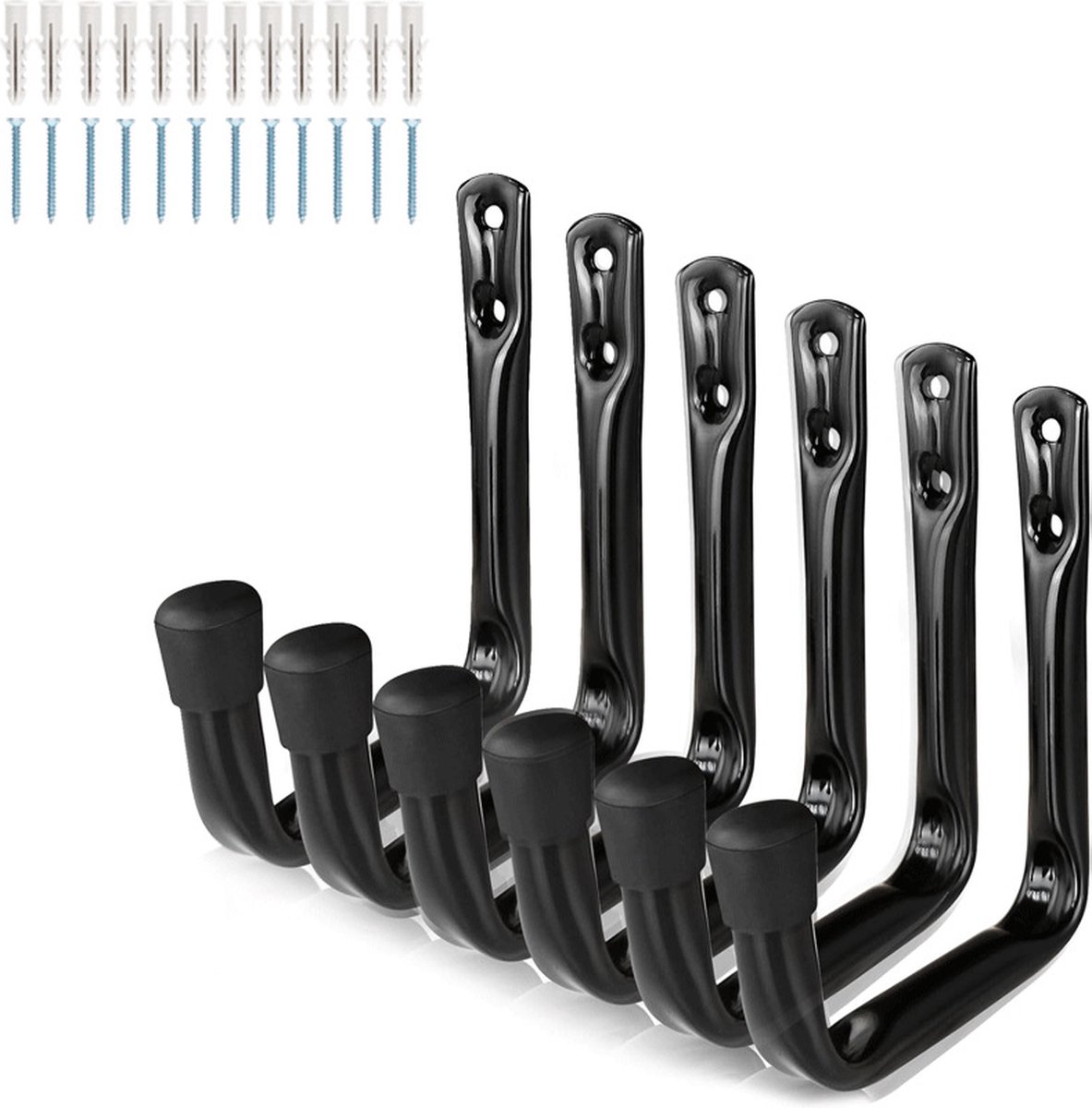 Storage hooks - wall hooks - tool hooks - garage organizer - 6 pieces - 9*11.5 cm - iron - black - with rubber end cap - Including screws - for cellar, bicycle, wall-mounted ladder - Image 1
