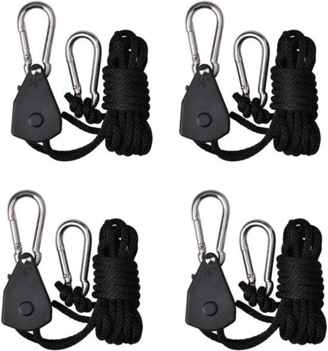 4 pieces/2 pairs - Rope ratchet - ratchet - internal gear ratchet - tow hook with carabiner - Rope ratchet hanger set - lifting device - 2m long - 150 lbs - black - for indoor plants, lighting and ventilation - Image 1