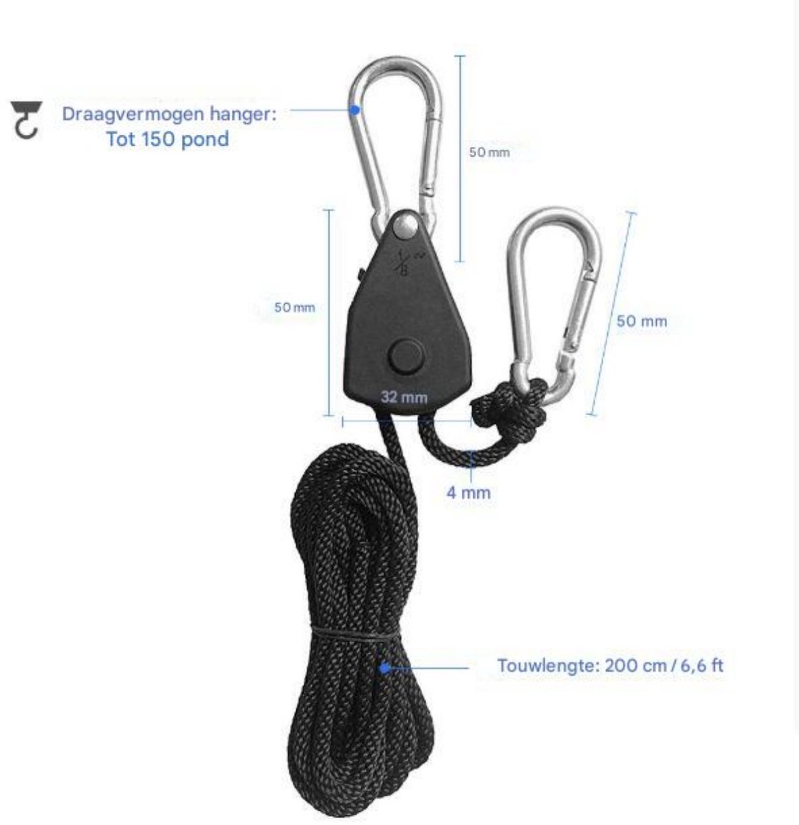 4 pieces/2 pairs - Rope ratchet - ratchet - internal gear ratchet - tow hook with carabiner - Rope ratchet hanger set - lifting device - 2m long - 150 lbs - black - for indoor plants, lighting and ventilation - Image 4