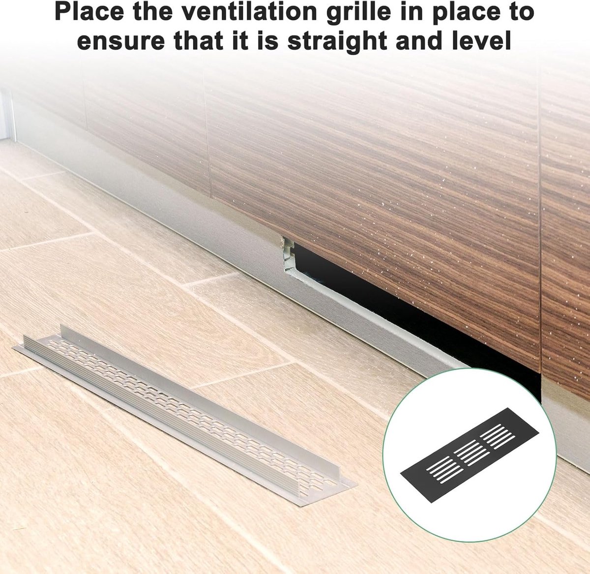 Air Grilles - 2 Pieces - Skirting Board Ventilation Grille - Aluminum Alloy - With Screws - Ventilation Covers - Heat Dissipation - Ventilation Holes - Ventilation Hood - Suitable for Kitchen, Bathroom, Wardrobe, Cabinet, Shoe Cabinet - 150*50mm - Black - Image 4