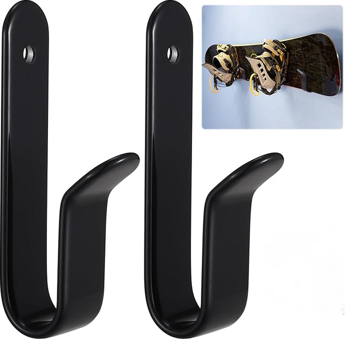 2 pieces - snowboard wall mount - skateboard wall mount - with screws - skateboard, wall mounting, display rack for skateboards, surfboards or longboards - storage hooks - black - stainless steel - hanging - 10*2*3.3cm - Image 1