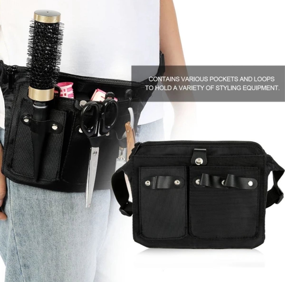 Hairdresser's Bag - Hairdresser's Belt Bag - Hairdresser's Scissor Bag - Canvas - 34*18 cm - For combs, clips - Black - Image 3