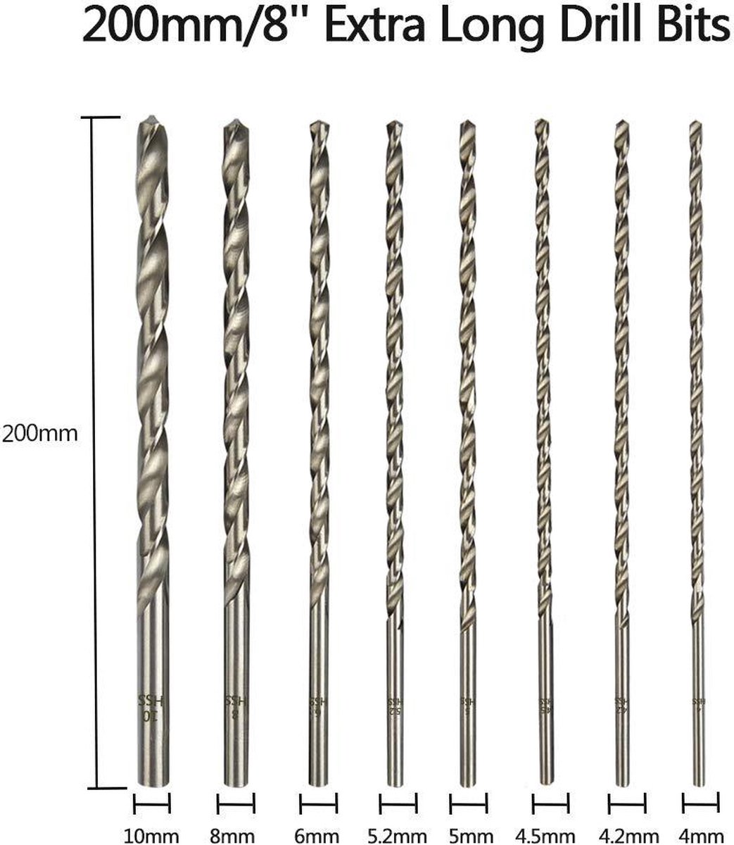 8 pieces twist drills HSS long wood twist drill set - diameters 4 mm 42 mm 45 mm 5 mm 52 mm 6 mm 8 mm 10 mm - Image 4