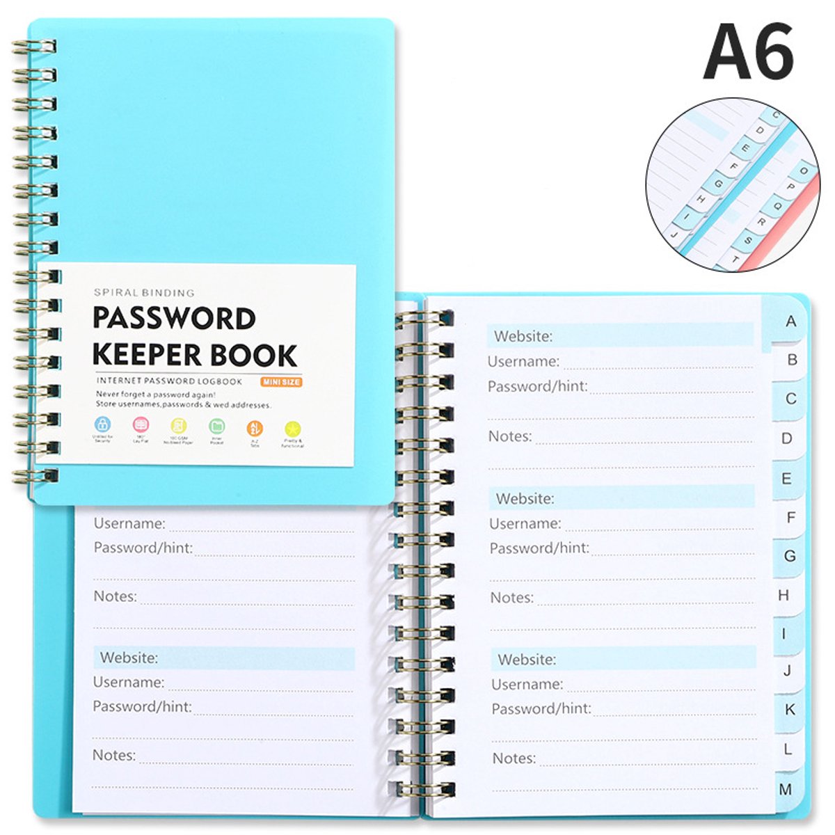 Password Book - Password Booklet - Password Booklet with Alphabet - Password Organizer - Password Notebook - A6 - Blue - Image 1