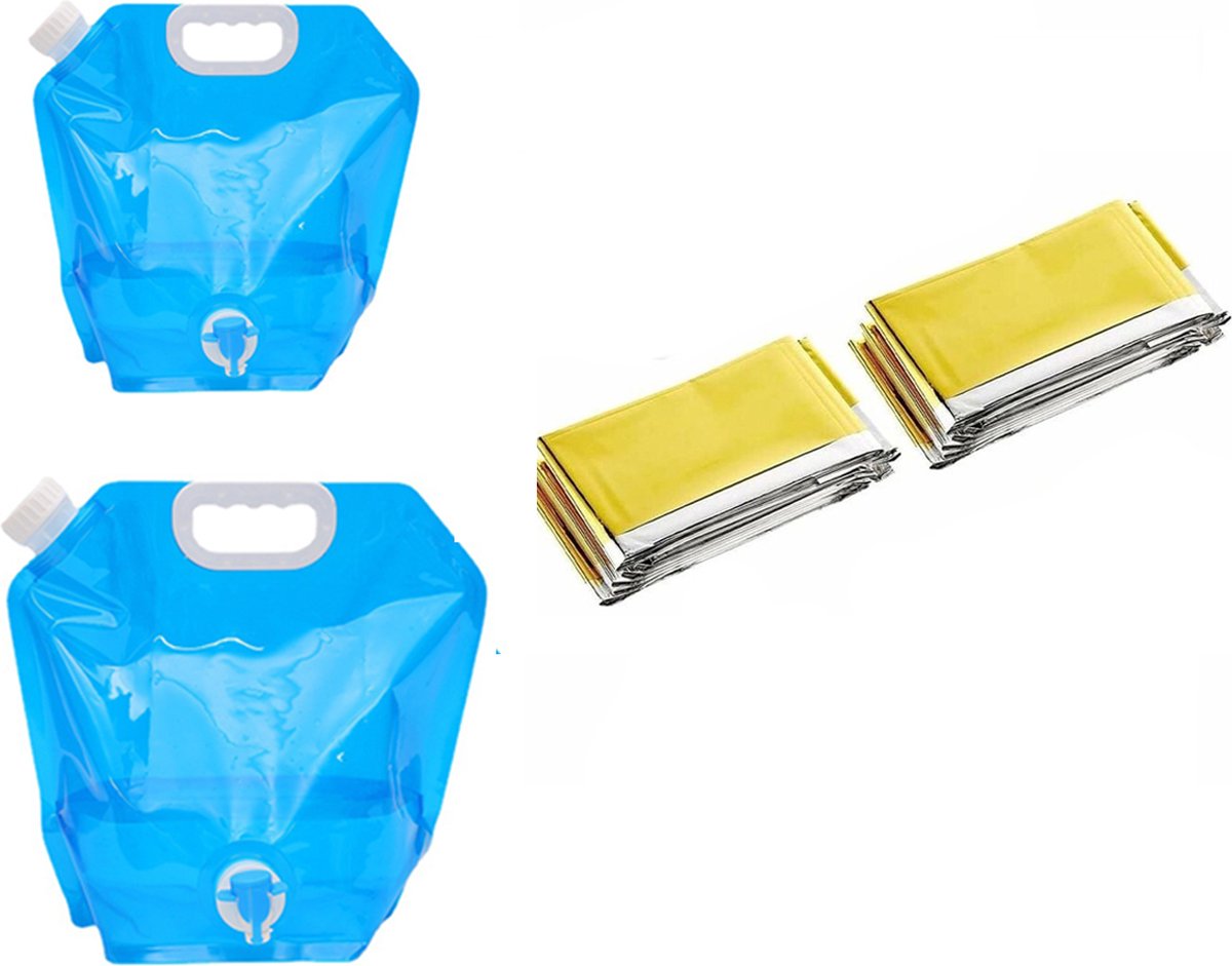 Emergency kit - 2 pieces Foldable water jerry can 5 and 10 liters - 2 pieces Emergency blanket 160x210cm - combination - survival blanket - thermal - Survival Kit - water reservoir for emergency - for outdoor, hiking, camping - Image 1