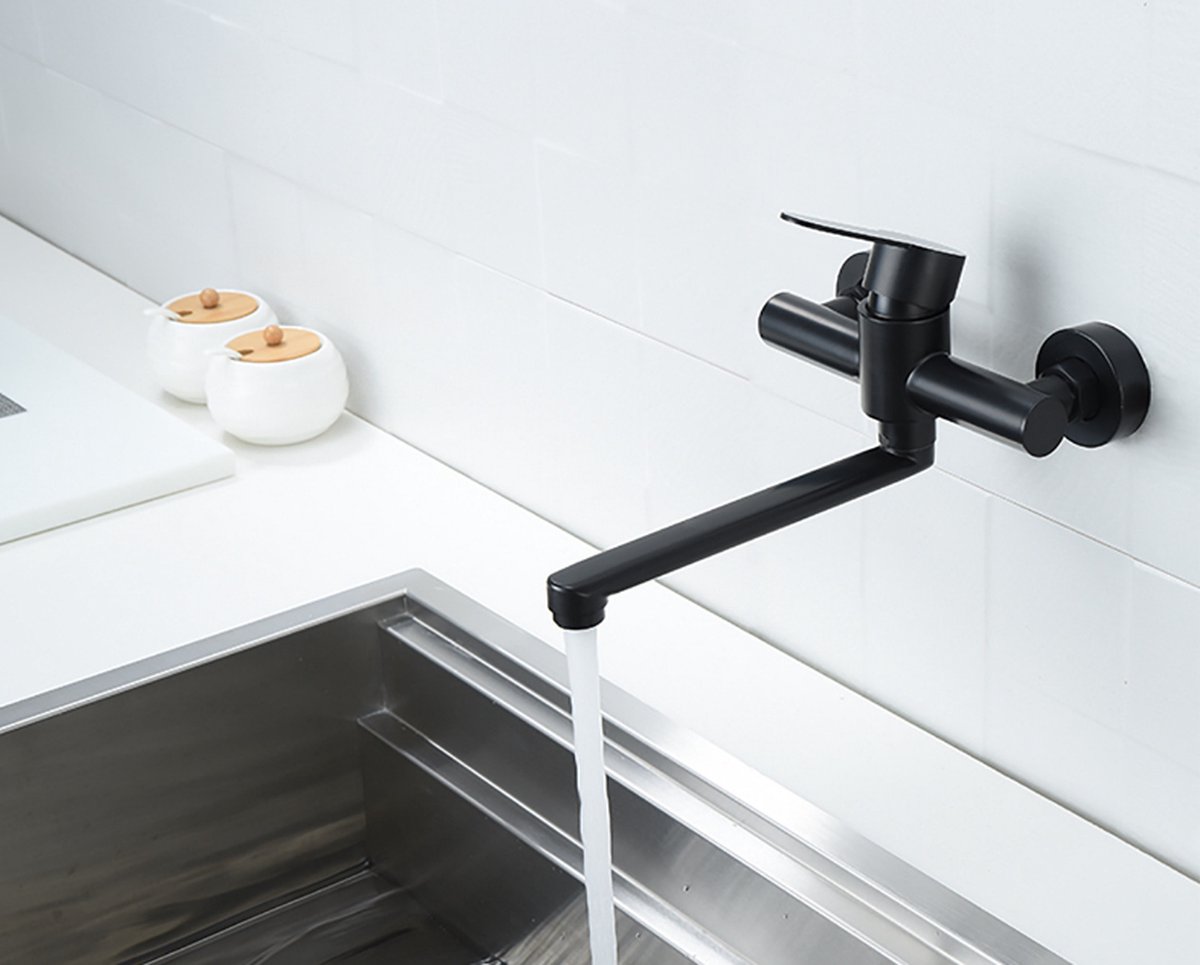 Bath faucet - Kitchen faucet - Washbasin faucet - Stainless steel - Black - 26*11 cm - Wall installation - Wall mounted - Swivel spout - Single lever - Image 4