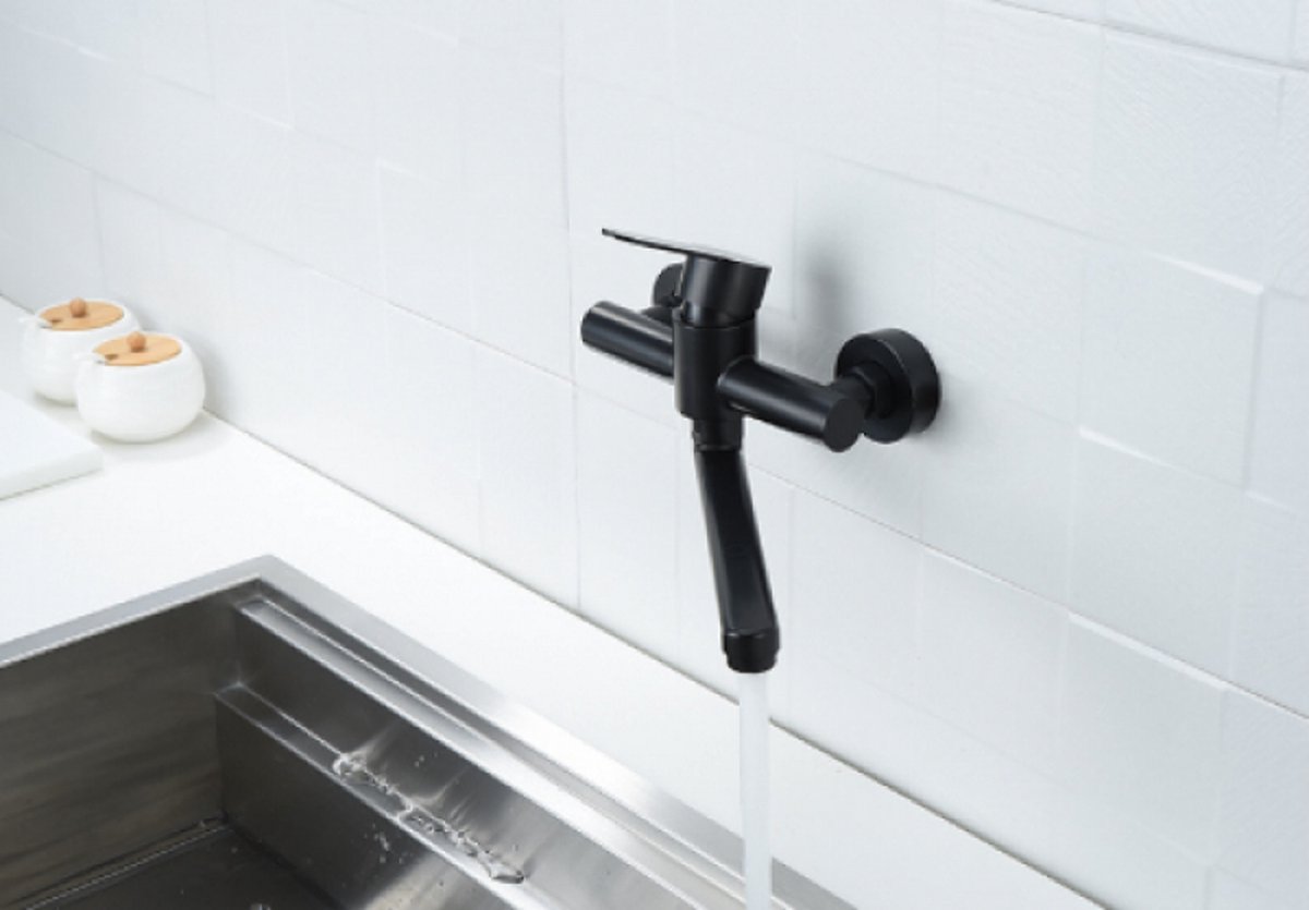 Bath faucet - Kitchen faucet - Washbasin faucet - Stainless steel - Black - 26*11 cm - Wall installation - Wall mounted - Swivel spout - Single lever - Image 5