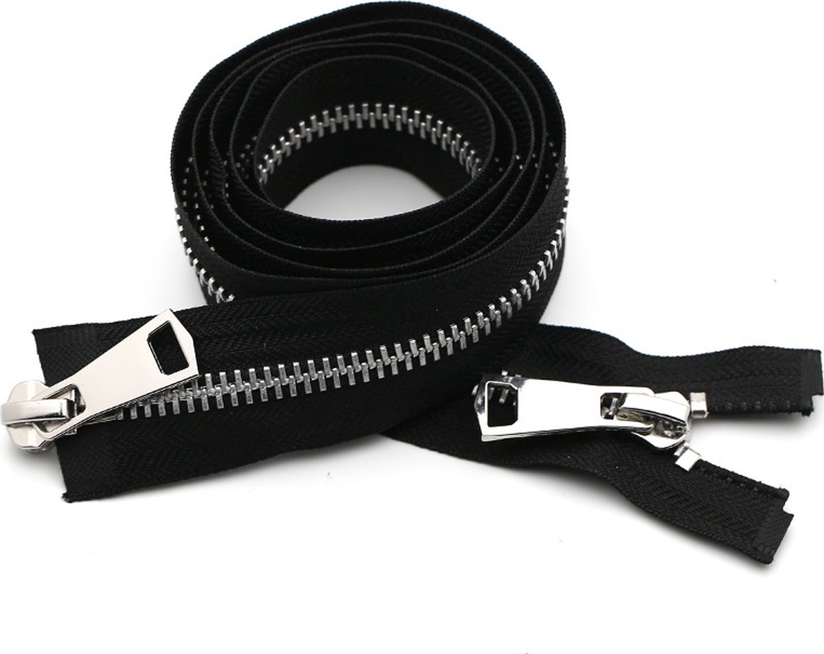 Zipper - Pack of 2 - Two-way zipper - Double slider - Divisible - Silver teeth - Black, silver - No. 5 70 cm - For jackets and coats - Image 1