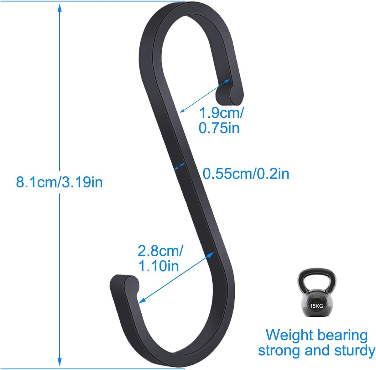 12 pieces - Hanging hooks - S hooks - 85mm - Metal - for hanging pots and pans, plants, coffee cups, clothes - black - for towels in the kitchen, bedroom, bathroom, office and garden - Image 7