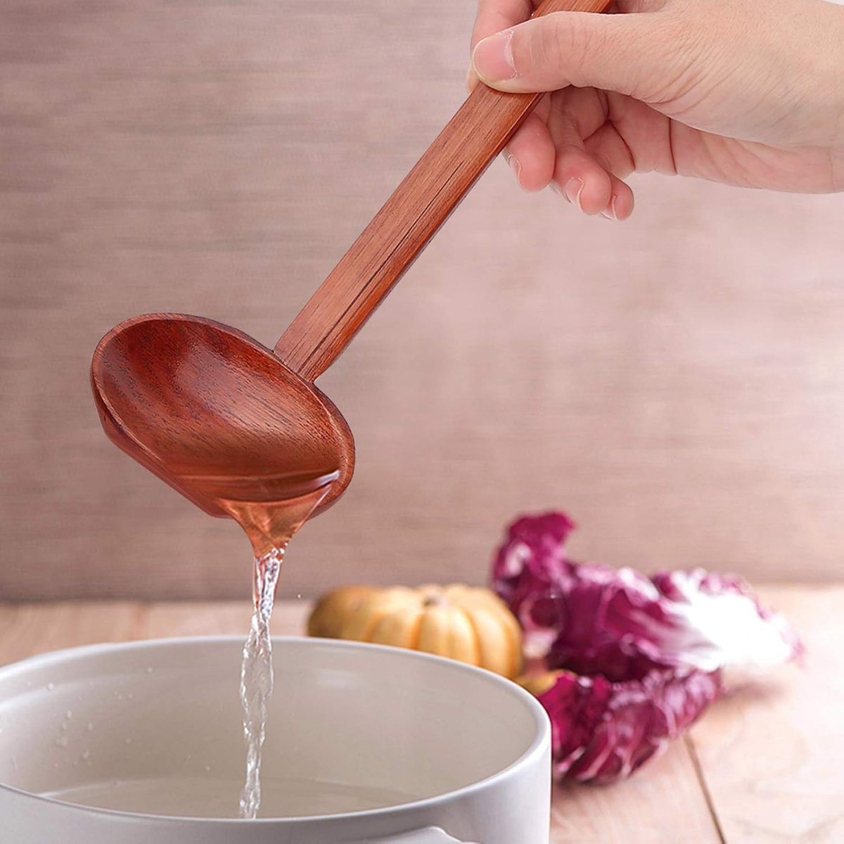 Soup Spoon - 4 Pieces - Stirring Spoon - Wood - With Long Handle - Ladle - Cooking Spoon - Serving Spoon - Bouillon Spoons - Kitchen Accessories - Cooking Utensils - For Soups, Ramen and Hotpot - Suitable for Restaurants and Homes - 22×7cm - Brown - Image 3