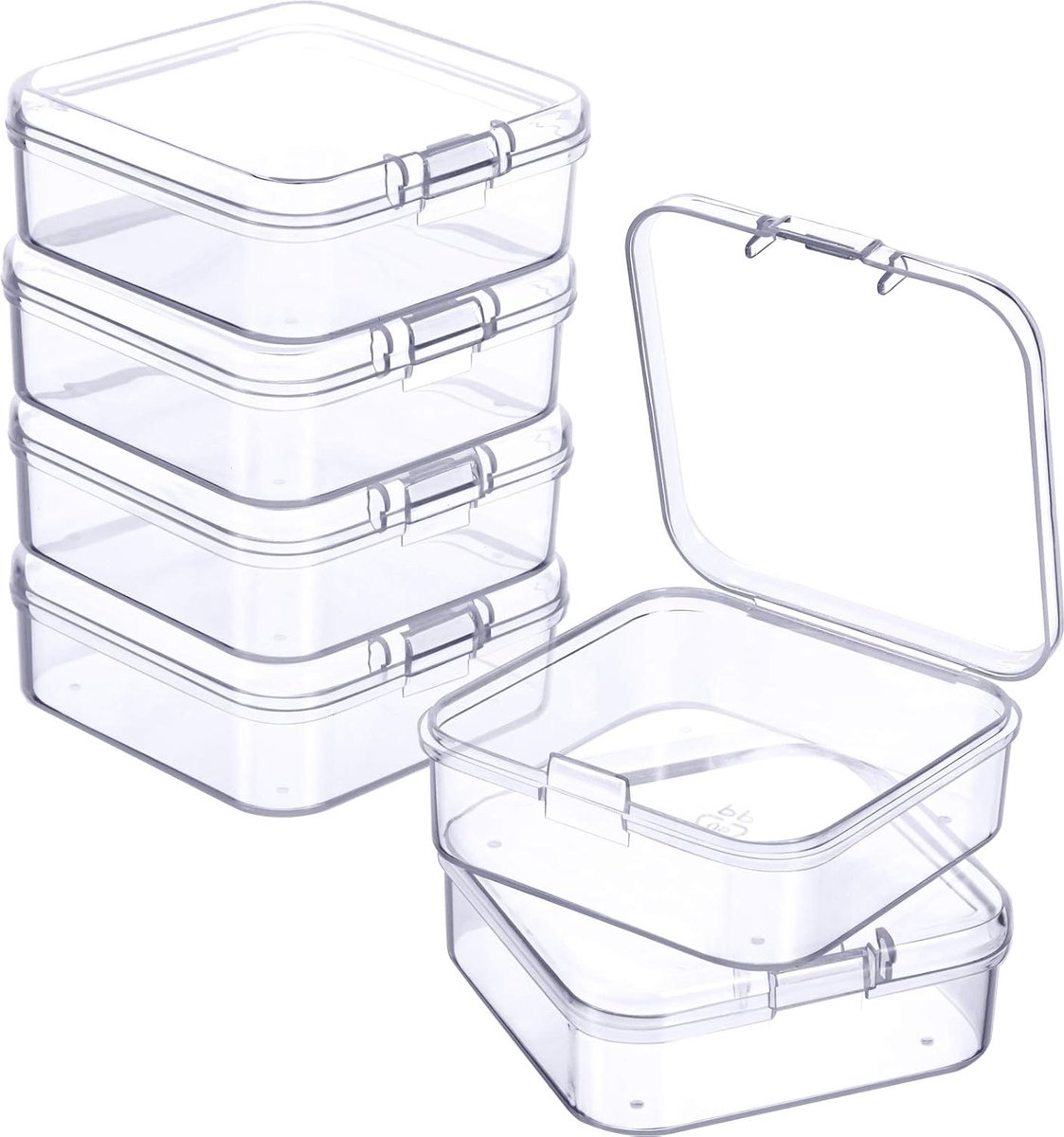 6 Pieces - Small Clear Plastic Storage Box Containers with Hinged Lids - L 5.5 x W 5.5 x H 2cm - Mini Boxes for Pills, Beads, Jewelry & Hobby Items - Stackable Mini Tubs - Transparent - Image 1