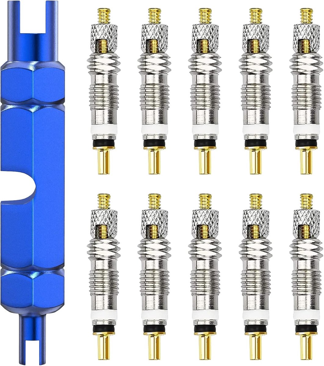 Presta Valve Cores - 10 Pieces - Zinc Alloy - With Extension Wrench - Bicycle Presta Valve Core Removal Kit - Presta Valve Core Replacement Kit - Tire Repair - Image 1